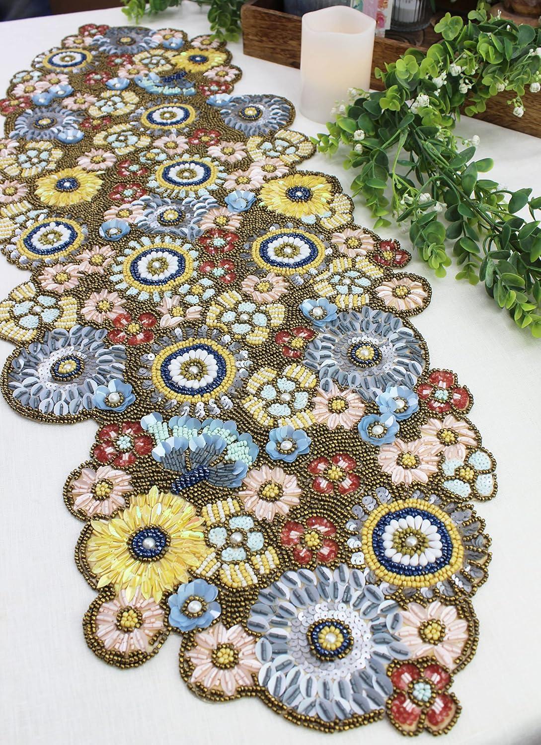image:imageCOTTON CRAFT Floral Handmade Beaded Table Runner Halloween Harvest Autumn Fall Thanksgiving Holiday Christmas Xmas Celebration Festive Party Tabletop Dcor Tablerunner 13x36 Multi