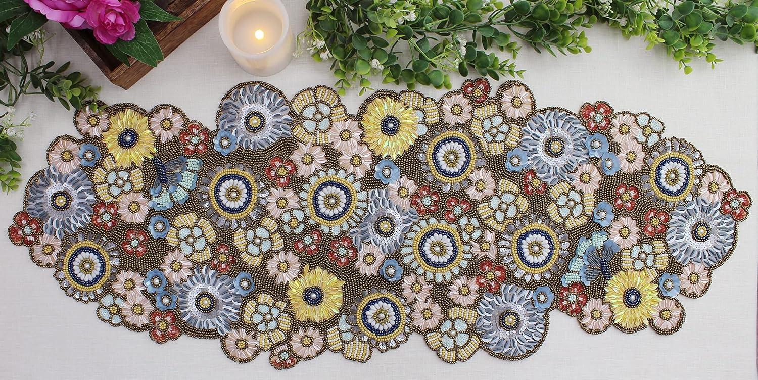 image:imageCOTTON CRAFT Floral Handmade Beaded Table Runner Halloween Harvest Autumn Fall Thanksgiving Holiday Christmas Xmas Celebration Festive Party Tabletop Dcor Tablerunner 13x36 Multi