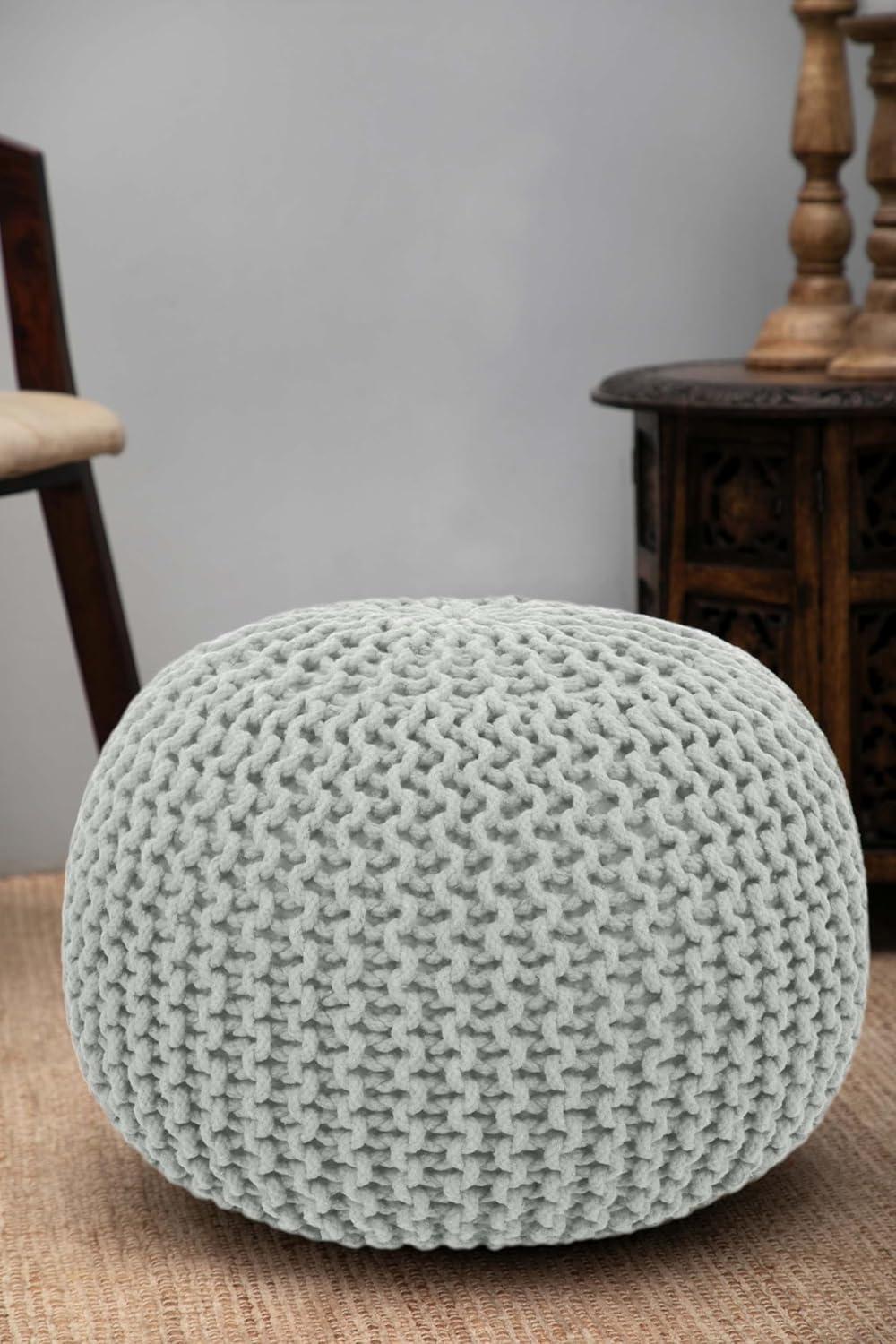 image:imageCOTTON CRAFT Round Pouf Hand Knitted Cotton Braid Cord Cable Dori Ottoman Foot Stool Floor Pouf Footrest Accent Seat Furniture Bean Bag Living Room Kids Nursery Dorm Dcor 20x14 Light BlueAsh Grey Round
