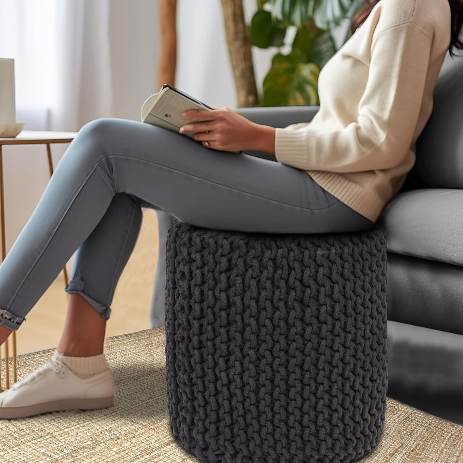 image:imageCOTTON CRAFT Round Pouf Hand Knitted Cotton Braid Cord Cable Dori Ottoman Foot Stool Floor Pouf Footrest Accent Seat Furniture Bean Bag Living Room Kids Nursery Dorm Dcor 20x14 Light BlueGrey Cylindrical