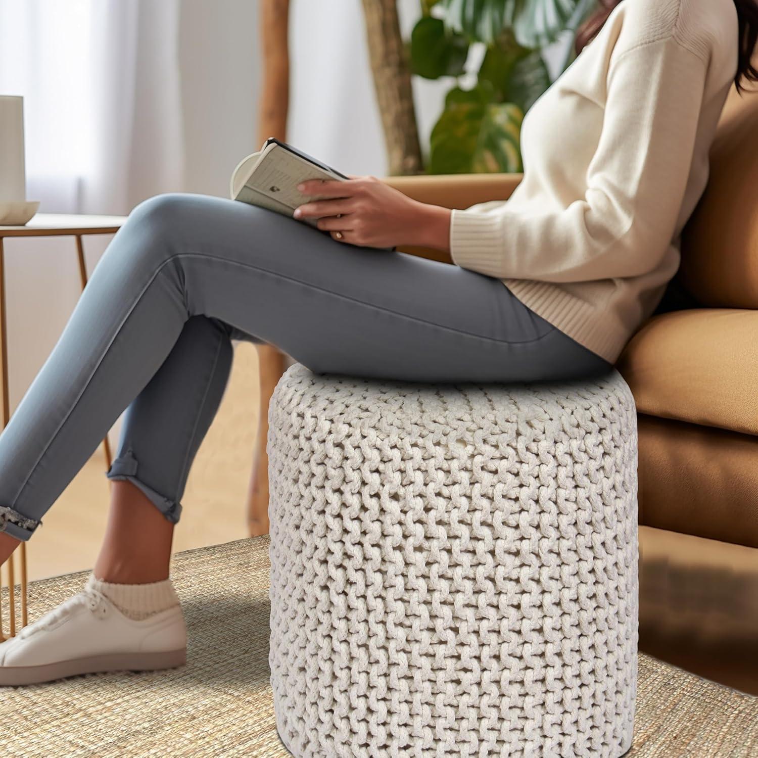 image:imageCOTTON CRAFT Round Pouf Hand Knitted Cotton Braid Cord Cable Dori Ottoman Foot Stool Floor Pouf Footrest Accent Seat Furniture Bean Bag Living Room Kids Nursery Dorm Dcor 20x14 Light BlueIvory Cylindrical