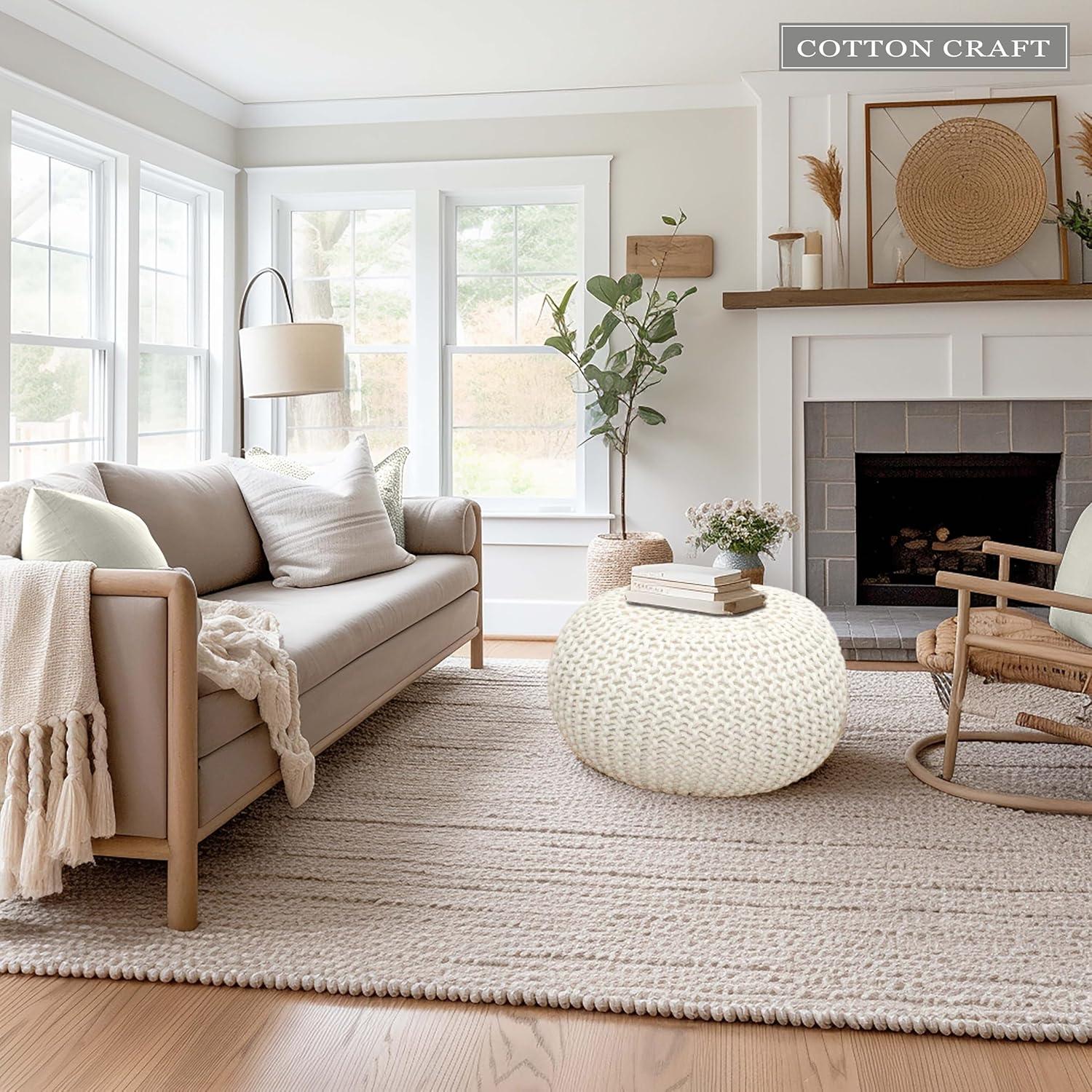 image:imageCOTTON CRAFT Round Pouf Hand Knitted Cotton Braid Cord Cable Dori Ottoman Foot Stool Floor Pouf Footrest Accent Seat Furniture Bean Bag Living Room Kids Nursery Dorm Dcor 20x14 Light BlueIvory Round