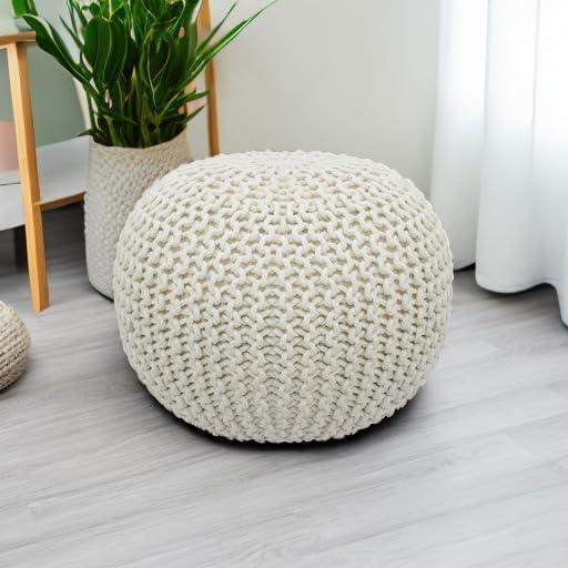 image:imageCOTTON CRAFT Round Pouf Hand Knitted Cotton Braid Cord Cable Dori Ottoman Foot Stool Floor Pouf Footrest Accent Seat Furniture Bean Bag Living Room Kids Nursery Dorm Dcor 20x14 Light BlueIvory Round