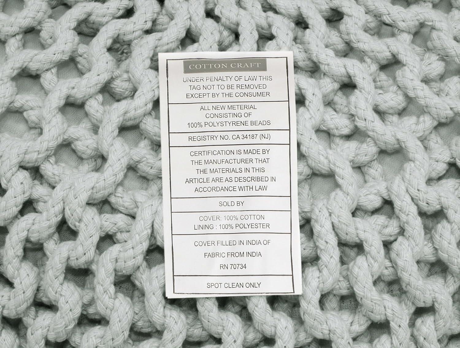 image:imageCOTTON CRAFT Round Pouf Hand Knitted Cotton Braid Cord Cable Dori Ottoman Foot Stool Floor Pouf Footrest Accent Seat Furniture Bean Bag Living Room Kids Nursery Dorm Dcor 20x14 Light BlueAsh Grey Round