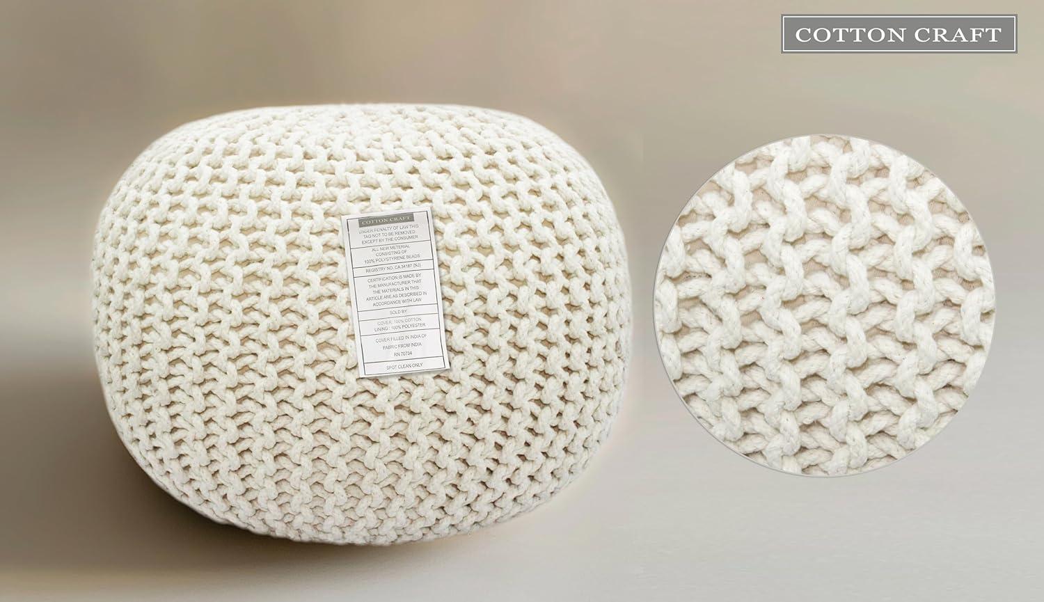 image:imageCOTTON CRAFT Round Pouf Hand Knitted Cotton Braid Cord Cable Dori Ottoman Foot Stool Floor Pouf Footrest Accent Seat Furniture Bean Bag Living Room Kids Nursery Dorm Dcor 20x14 Light BlueIvory Round
