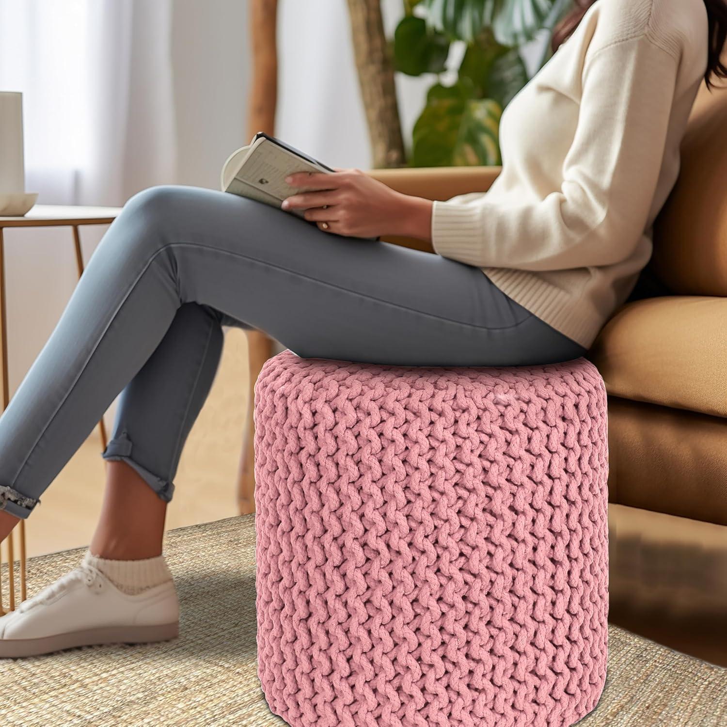 image:imageCOTTON CRAFT Round Pouf Hand Knitted Cotton Braid Cord Cable Dori Ottoman Foot Stool Floor Pouf Footrest Accent Seat Furniture Bean Bag Living Room Kids Nursery Dorm Dcor 20x14 Light BluePink Cylindrical
