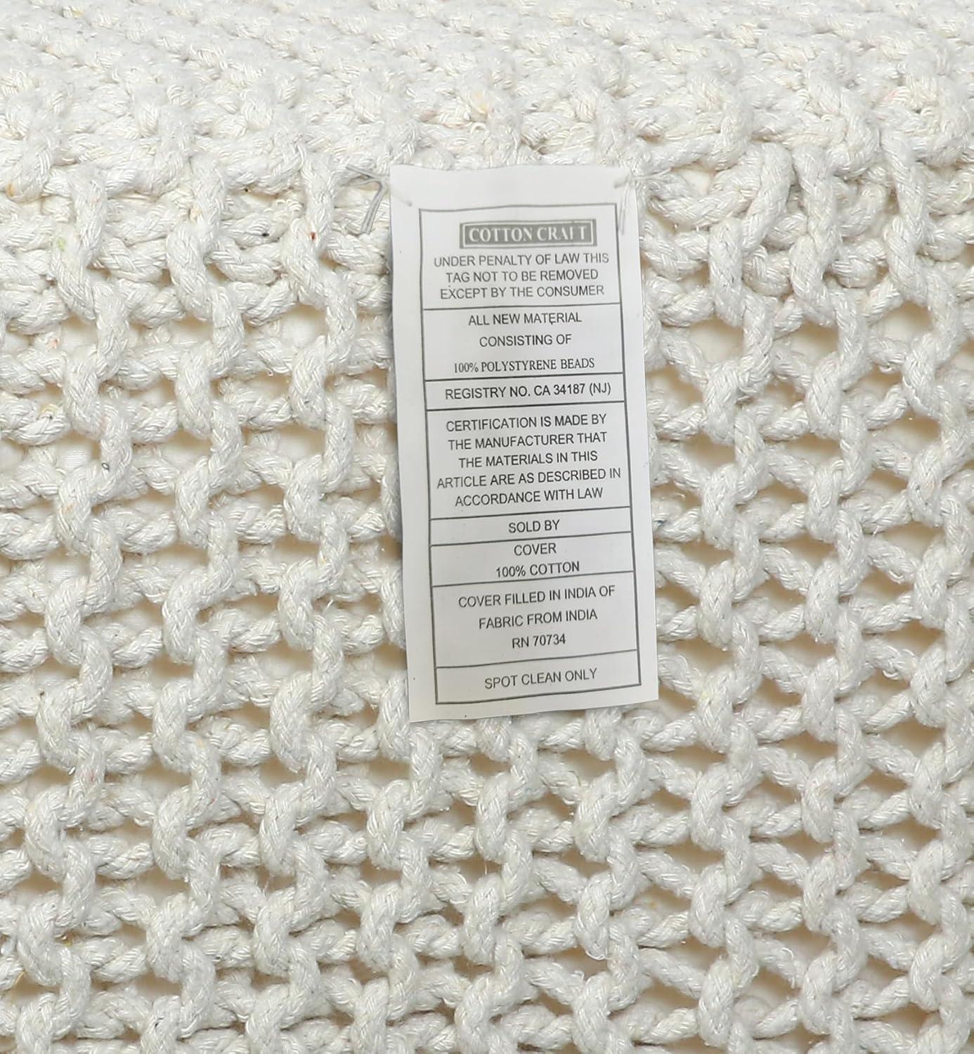 image:imageCOTTON CRAFT Round Pouf Hand Knitted Cotton Braid Cord Cable Dori Ottoman Foot Stool Floor Pouf Footrest Accent Seat Furniture Bean Bag Living Room Kids Nursery Dorm Dcor 20x14 Light BlueIvory Cube Large