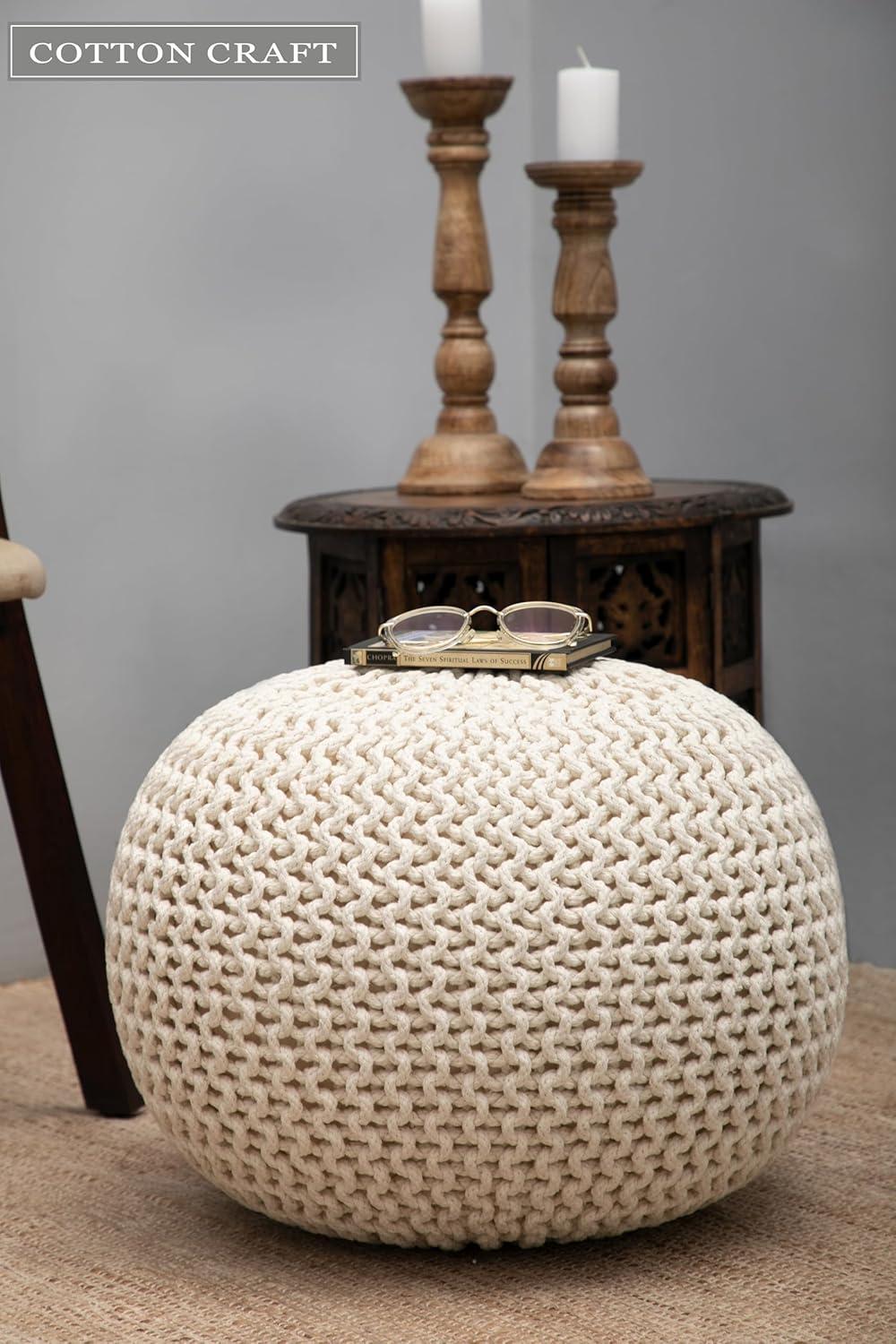 image:imageCOTTON CRAFT Round Pouf Hand Knitted Cotton Braid Cord Cable Dori Ottoman Foot Stool Floor Pouf Footrest Accent Seat Furniture Bean Bag Living Room Kids Nursery Dorm Dcor 20x14 Light BlueIvory Round