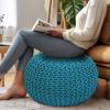 COTTON CRAFT Round Pouf – Hand Knitted Cotton Braid Cord Cable Dori Ottoman – Foot Stool – Floor Pouf Footrest Accent Seat Furniture Bean Bag – Living Room Kids Nursery Dorm Décor – 20×14 – Light Blue(Teal – Round)