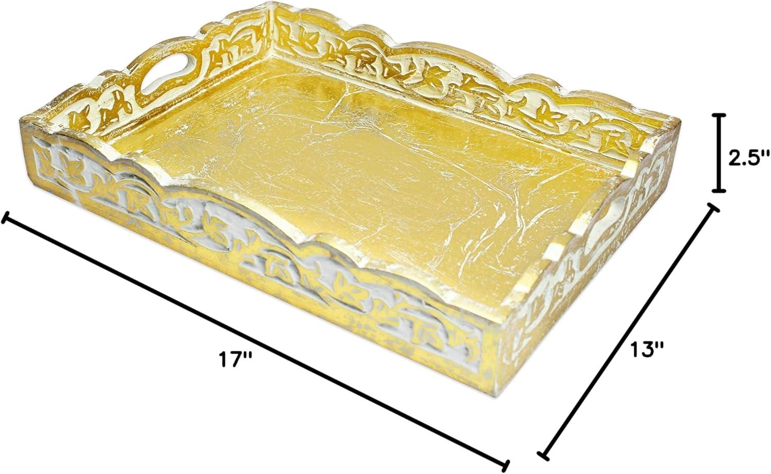 image:imageCOTTON CRAFT Wooden Decorative Serving Tray Distressed Gold finish Size 17 x 13 x 25 Inches Intricate detail with hand carving creates a truly unique furnishing accent