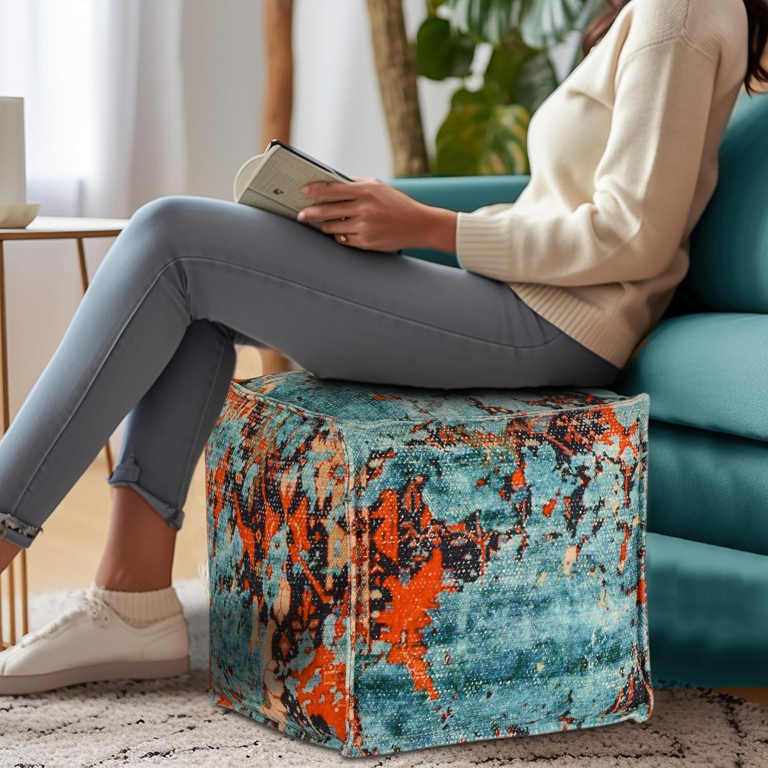image:imageCOTTON CRAFT Printed Pouf Ottoman Foot Stool Bean Bag Dorm Kids Room Bedroom Home Dcor Accent Seating Boho Modern Comfortable Prefilled Cotton Square Pouf Footrest 17x17x17 inch Teal Aqua