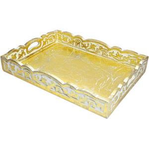 COTTON CRAFT – Wooden Decorative Serving Tray – Distressed Gold finish – Size: 17 x 13 x 2.5 Inches – Intricate detail with hand carving creates a truly unique furnishing accent