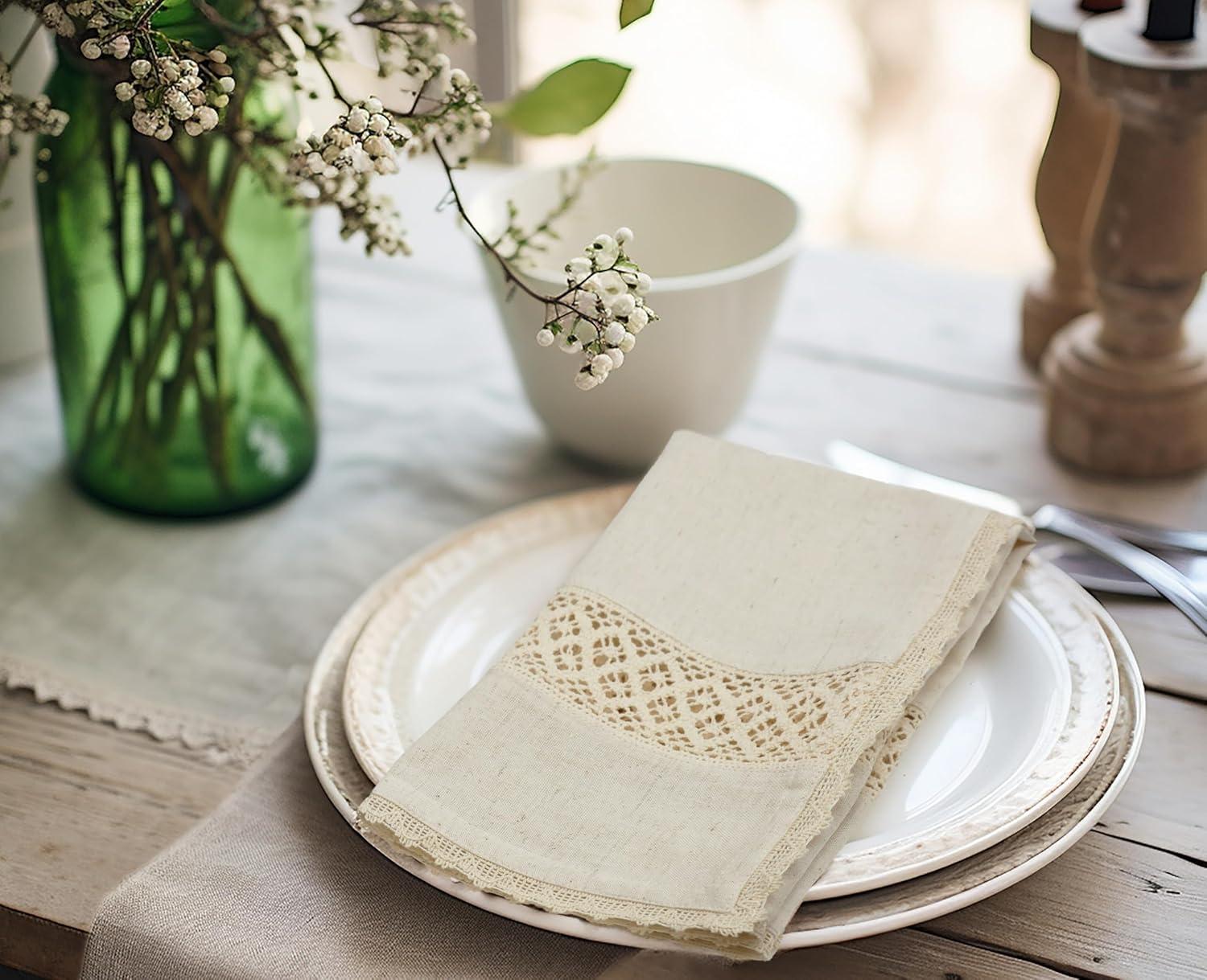 image:imageCOTTON CRAFT Flax Linen Cloth Napkins with Lace Set of 12 Lunch Dinner Napkins Elegant Everyday Fall Harvest Thanksgiving Holiday Table Napkin Washable Reusable Napkin Oversized 20x20 NaturalNatural 17x17