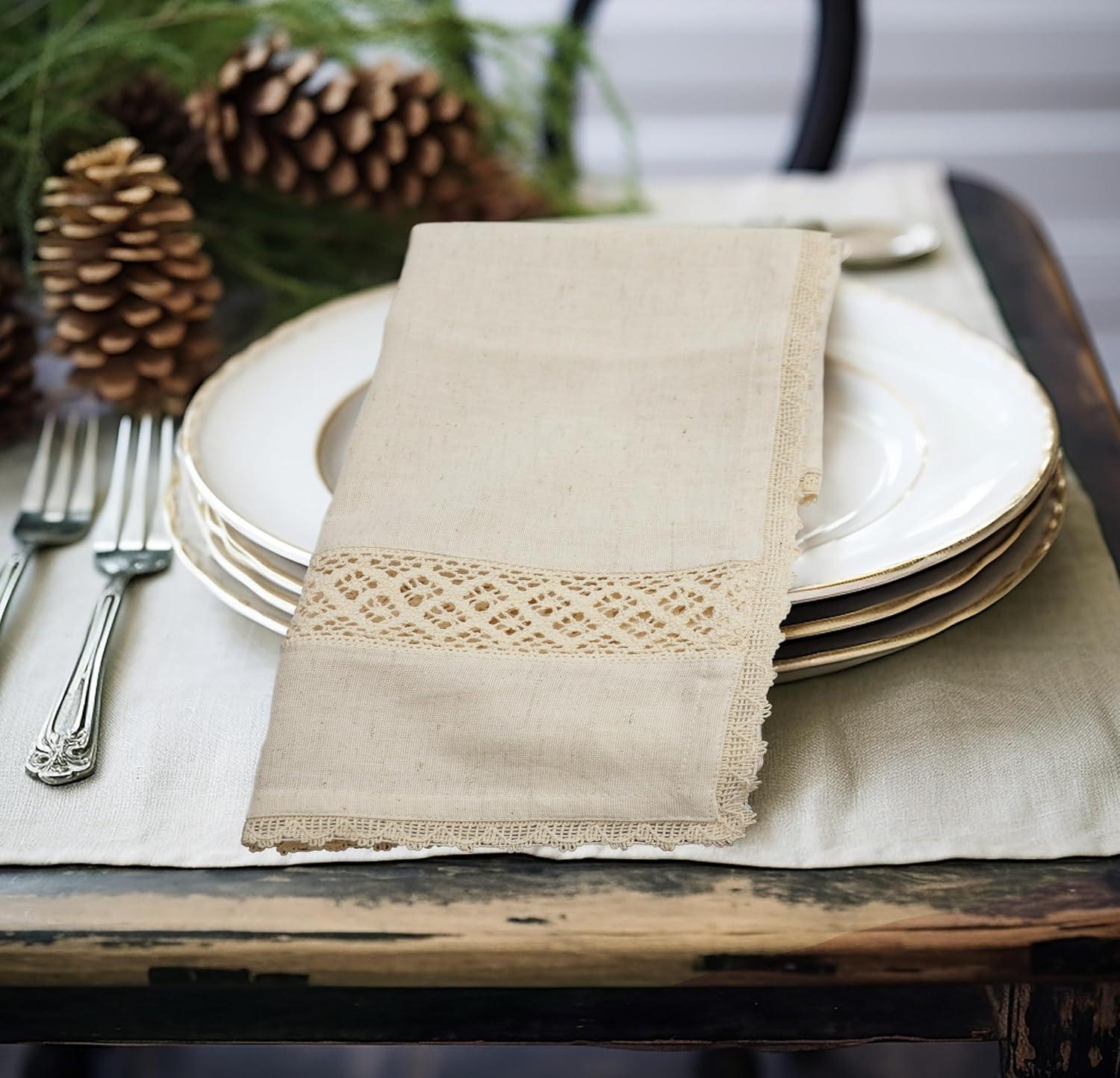 image:imageCOTTON CRAFT Flax Linen Cloth Napkins with Lace Set of 12 Lunch Dinner Napkins Elegant Everyday Fall Harvest Thanksgiving Holiday Table Napkin Washable Reusable Napkin Oversized 20x20 NaturalNatural 17x17