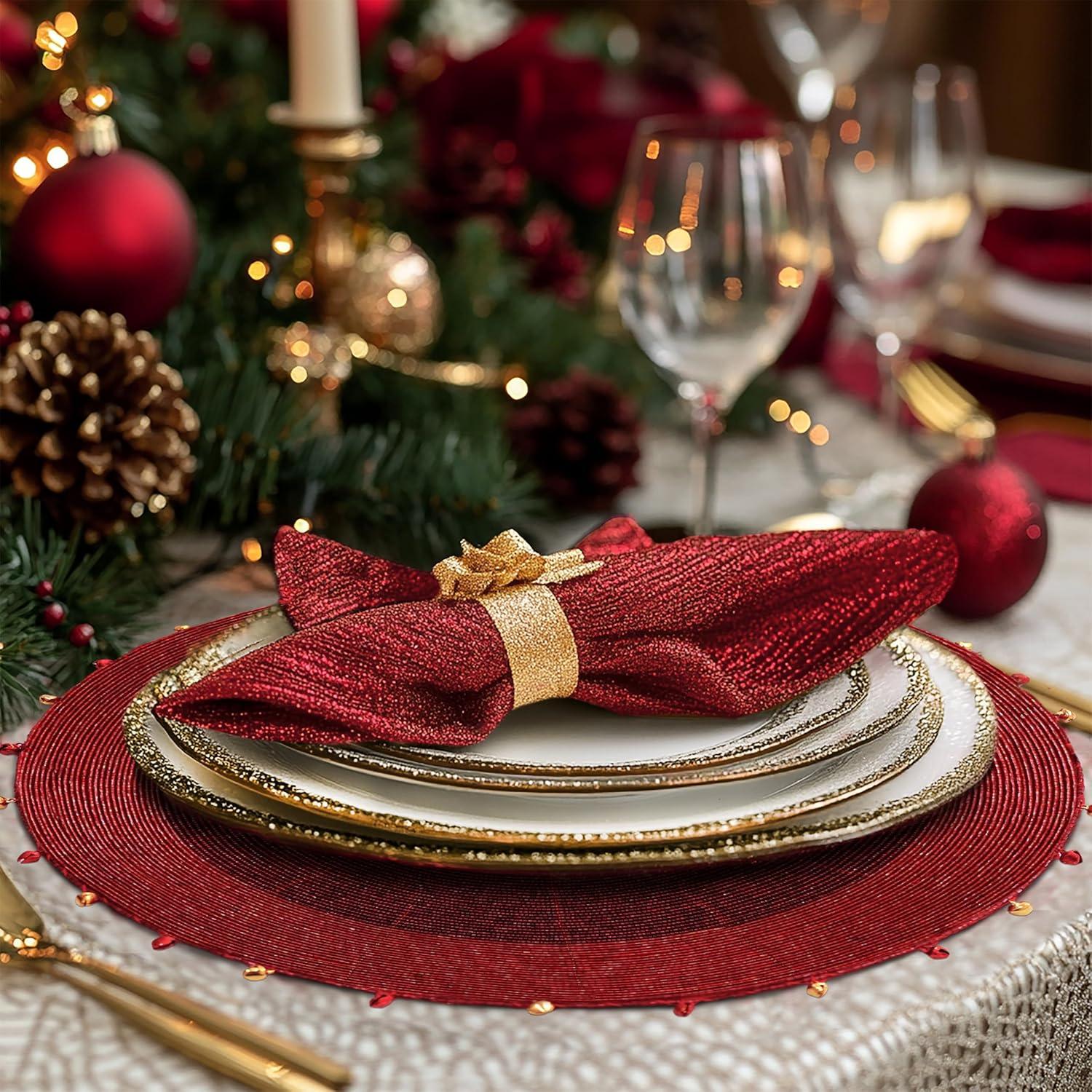 image:imageCOTTON CRAFT Evil Eye Beaded Placemats Set of 2 Charger Table Mats Hand Crafted Boho Protective Positive Energy Blessing Gift Zen Holiday Table Dining Dcor 13 inches Round Blue White GoldRed Gold Bells