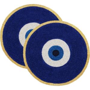 COTTON CRAFT Evil Eye Beaded Placemats – Set of 2 Charger Table Mats – Hand Crafted Boho Protective Positive Energy Blessing Gift – Zen Holiday Table Dining Décor – 13 inches Round – Blue White Gold(Blue Gold – Evil Eye)