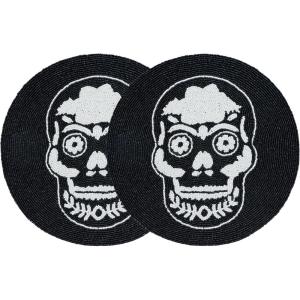 COTTON CRAFT Evil Eye Beaded Placemats – Set of 2 Charger Table Mats – Hand Crafted Boho Protective Positive Energy Blessing Gift – Zen Holiday Table Dining Décor – 13 inches Round – Blue White Gold(Black White – Skull)