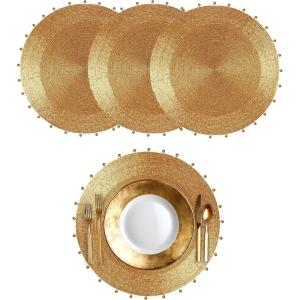 COTTON CRAFT Evil Eye Beaded Placemats – Set of 2 Charger Table Mats – Hand Crafted Boho Protective Positive Energy Blessing Gift – Zen Holiday Table Dining Décor – 13 inches Round – Blue White Gold(Gold Bells)