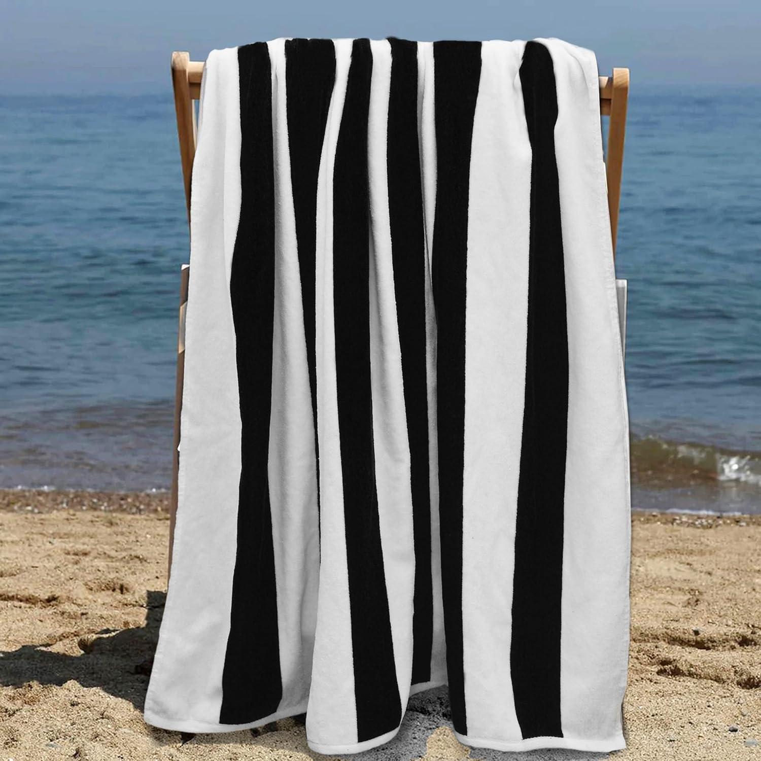 image:imageCOTTON CRAFT Oversized Beach Towels 2 Pack XXL 35x84 The Big Kahuna 7 Foot Extra Large Beach Blanket Towel Big amp Tall 100 Cotton Jacquard Velour Soft Luxury Towel Pool Bath Blue TilesCabana Stripe Black
