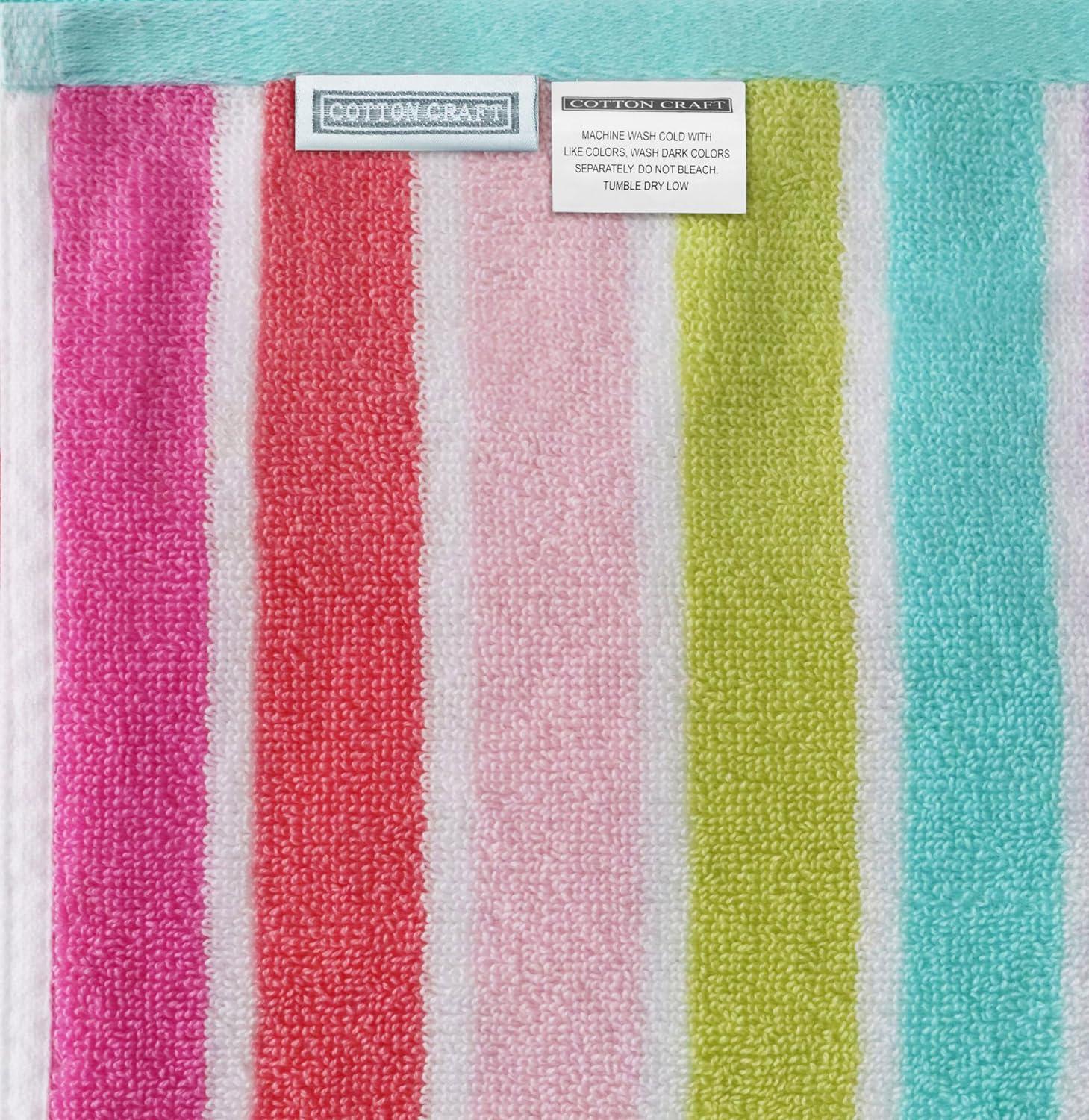 image:imageCOTTON CRAFT Large Beach Towel 4 Pack 100 Cotton Velour Jacquard Pool Picnic Bath Travel Beach Towel Plush Super Soft Absorbent Quick Dry Luxury 450 GSM 32x63 Multi ColorCabana Stripe Pink Multi