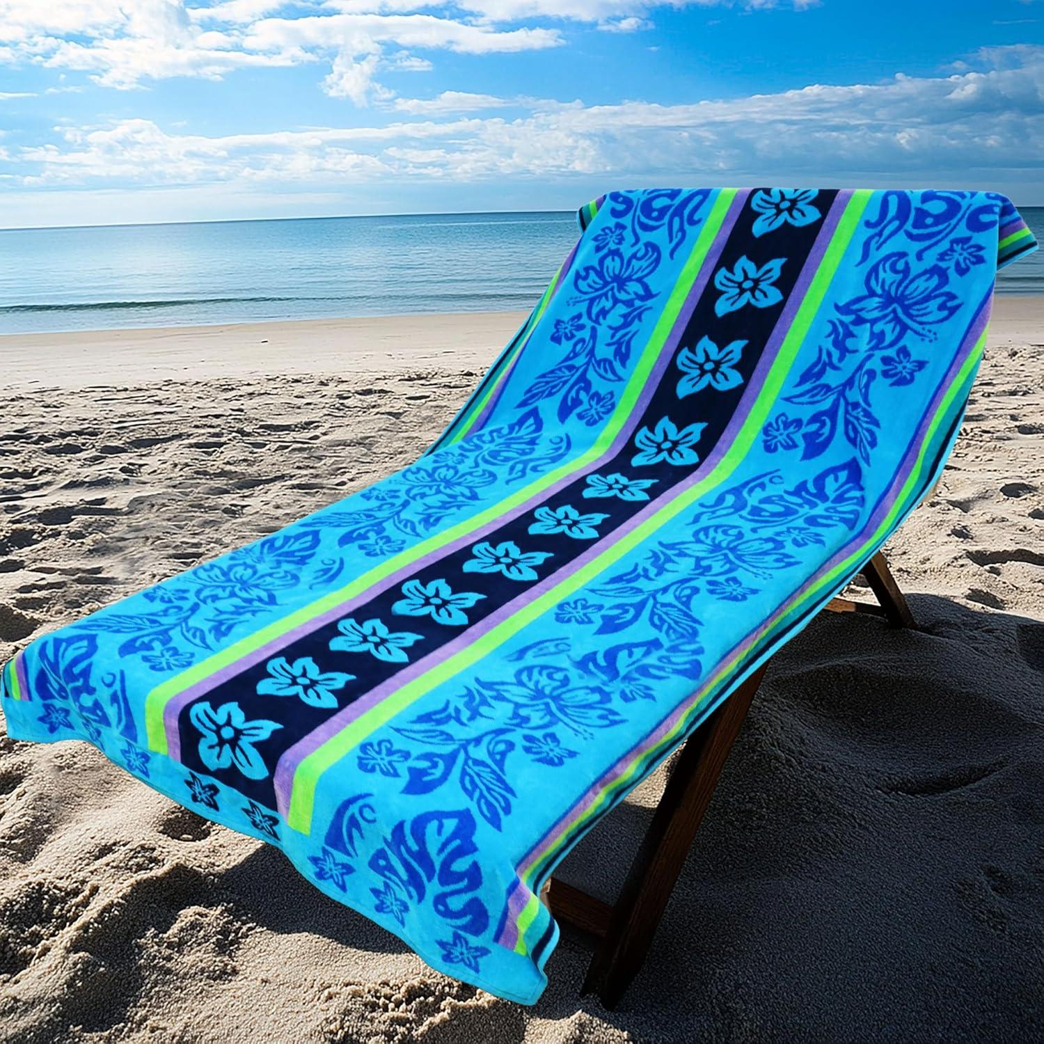 image:imageCOTTON CRAFT Large Beach Towel 4 Pack 100 Cotton Velour Jacquard Pool Picnic Bath Travel Beach Towel Plush Super Soft Absorbent Quick Dry Luxury 450 GSM 32x63 Multi ColorHibiscus Aqua Blue Purple