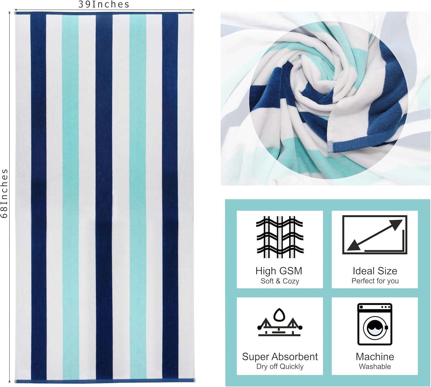 image:imageCOTTON CRAFT Large Beach Towel 4 Pack 100 Cotton Velour Jacquard Pool Picnic Bath Travel Beach Towel Plush Super Soft Absorbent Quick Dry Luxury 450 GSM 32x63 Multi ColorOcean Blue