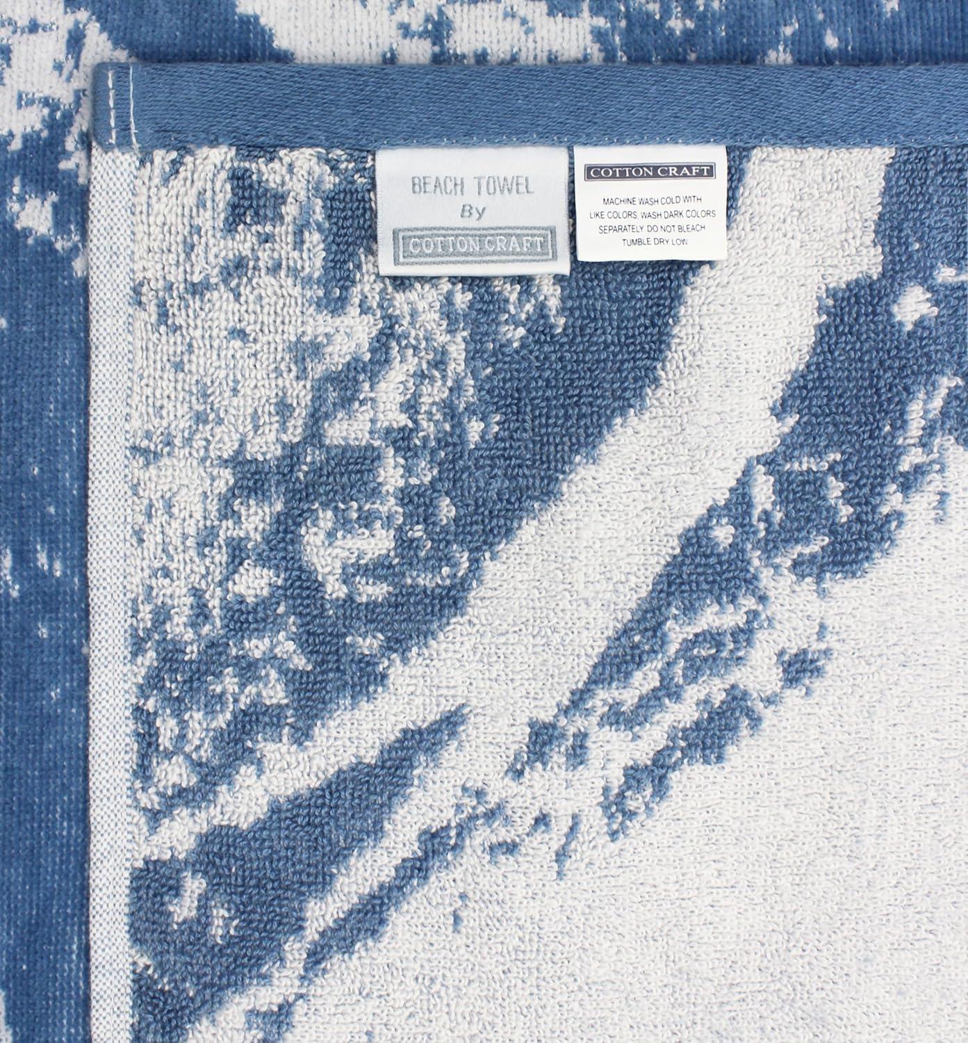 image:imageCOTTON CRAFT Large Beach Towel 4 Pack 100 Cotton Velour Jacquard Pool Picnic Bath Travel Beach Towel Plush Super Soft Absorbent Quick Dry Luxury 450 GSM 32x63 Multi ColorSurf Blue