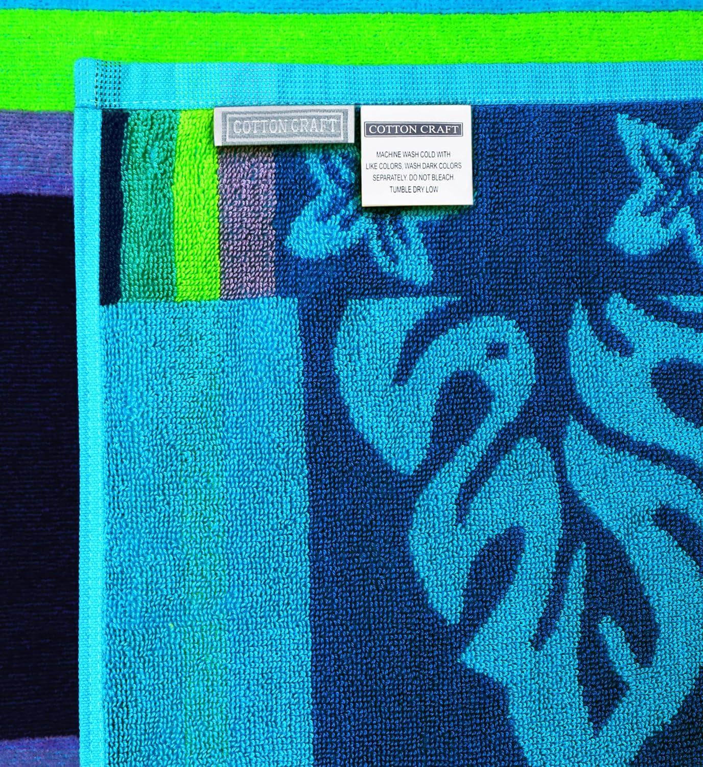 image:imageCOTTON CRAFT Large Beach Towel 4 Pack 100 Cotton Velour Jacquard Pool Picnic Bath Travel Beach Towel Plush Super Soft Absorbent Quick Dry Luxury 450 GSM 32x63 Multi ColorHibiscus Aqua Blue Purple