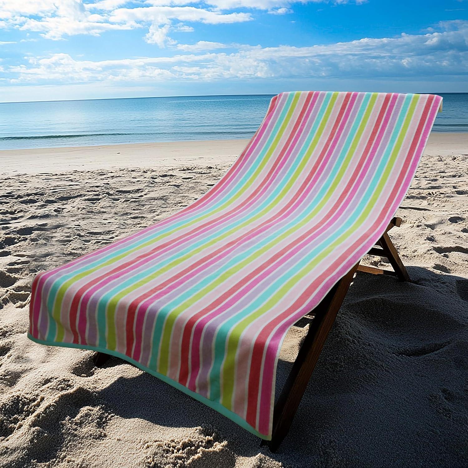 image:imageCOTTON CRAFT Large Beach Towel 4 Pack 100 Cotton Velour Jacquard Pool Picnic Bath Travel Beach Towel Plush Super Soft Absorbent Quick Dry Luxury 450 GSM 32x63 Multi ColorCabana Stripe Pink Multi