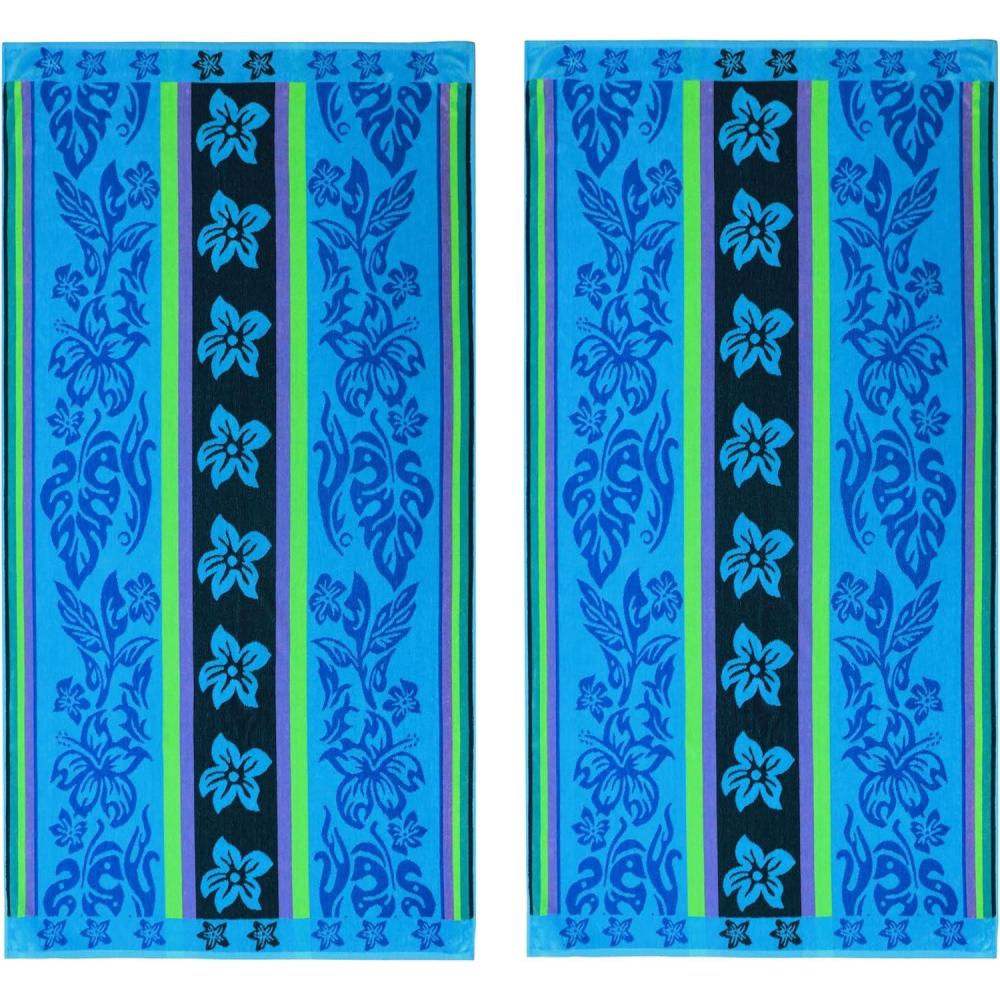 image:imageCOTTON CRAFT Large Beach Towel  4 Pack 100 Cotton Velour Jacquard  Pool Picnic Bath Travel Beach Towel  Plush Super Soft Absorbent Quick Dry Luxury  450 GSM  32x63  Multi ColorHibiscus  Aqua Blue Purple