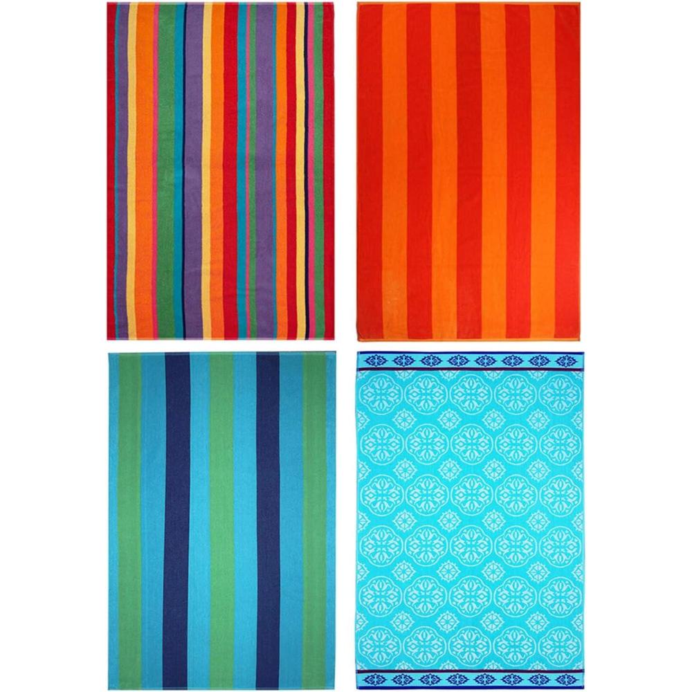 image:imageCOTTON CRAFT Large Beach Towel 4 Pack 100 Cotton Velour Jacquard Pool Picnic Bath Travel Beach Towel Plush Super Soft Absorbent Quick Dry Luxury 450 GSM 32x63 Multi ColorMulticolor
