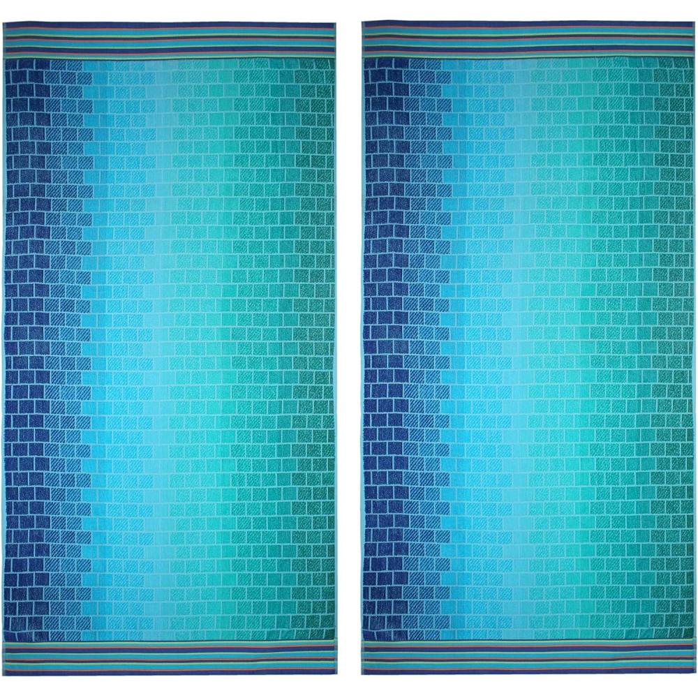 image:imageCOTTON CRAFT Large Beach Towel 4 Pack 100 Cotton Velour Jacquard Pool Picnic Bath Travel Beach Towel Plush Super Soft Absorbent Quick Dry Luxury 450 GSM 32x63 Multi ColorBlue Tiles
