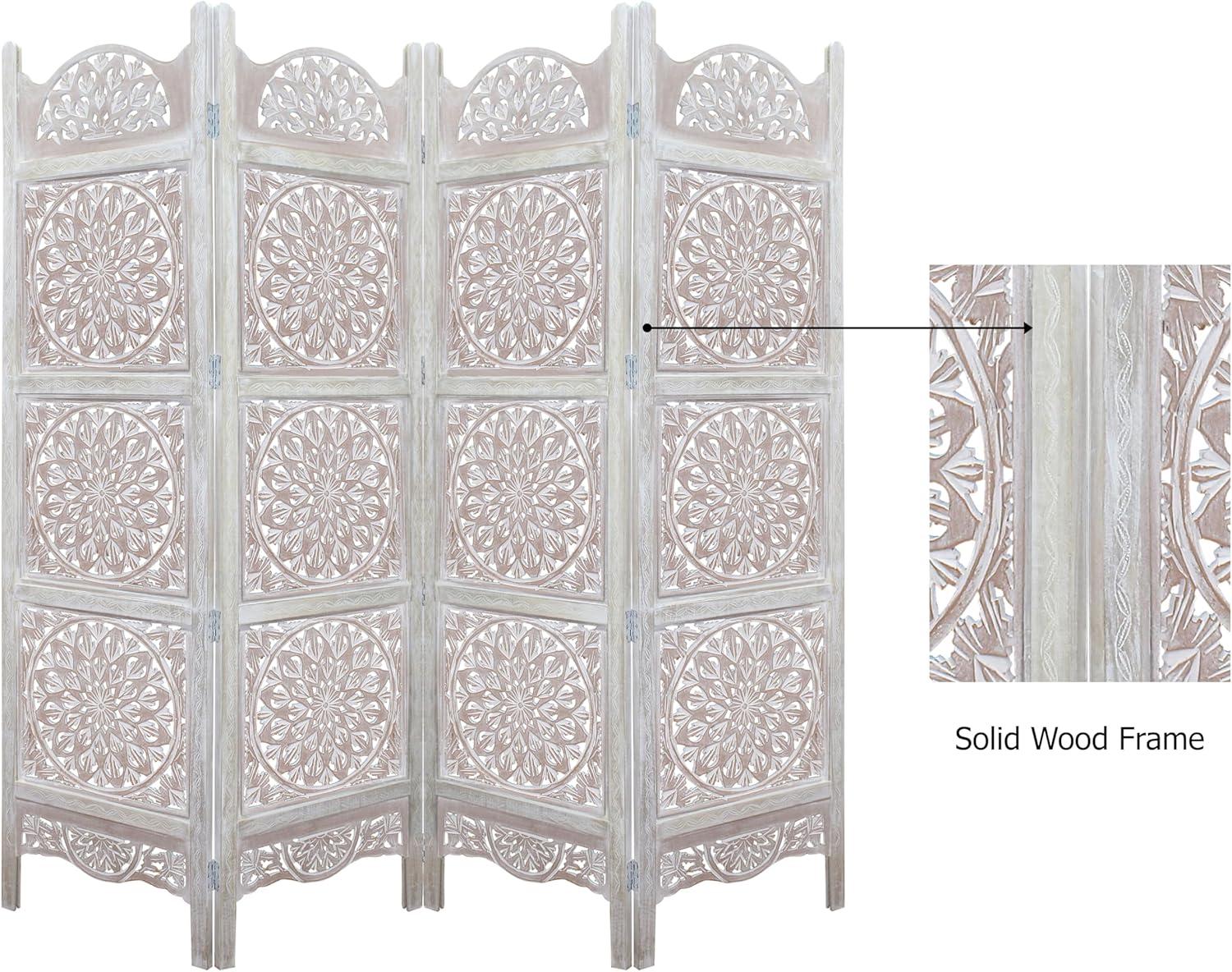 image:imageRoom Divider Wood Screen Chitra Antique Pewter 4 Panel Folding 72 x 80 Hand Carved Decorative Functional Versatile Portable Partition Reversible Freestanding Small Spaces COTTON CRAFTMedallion White Wash