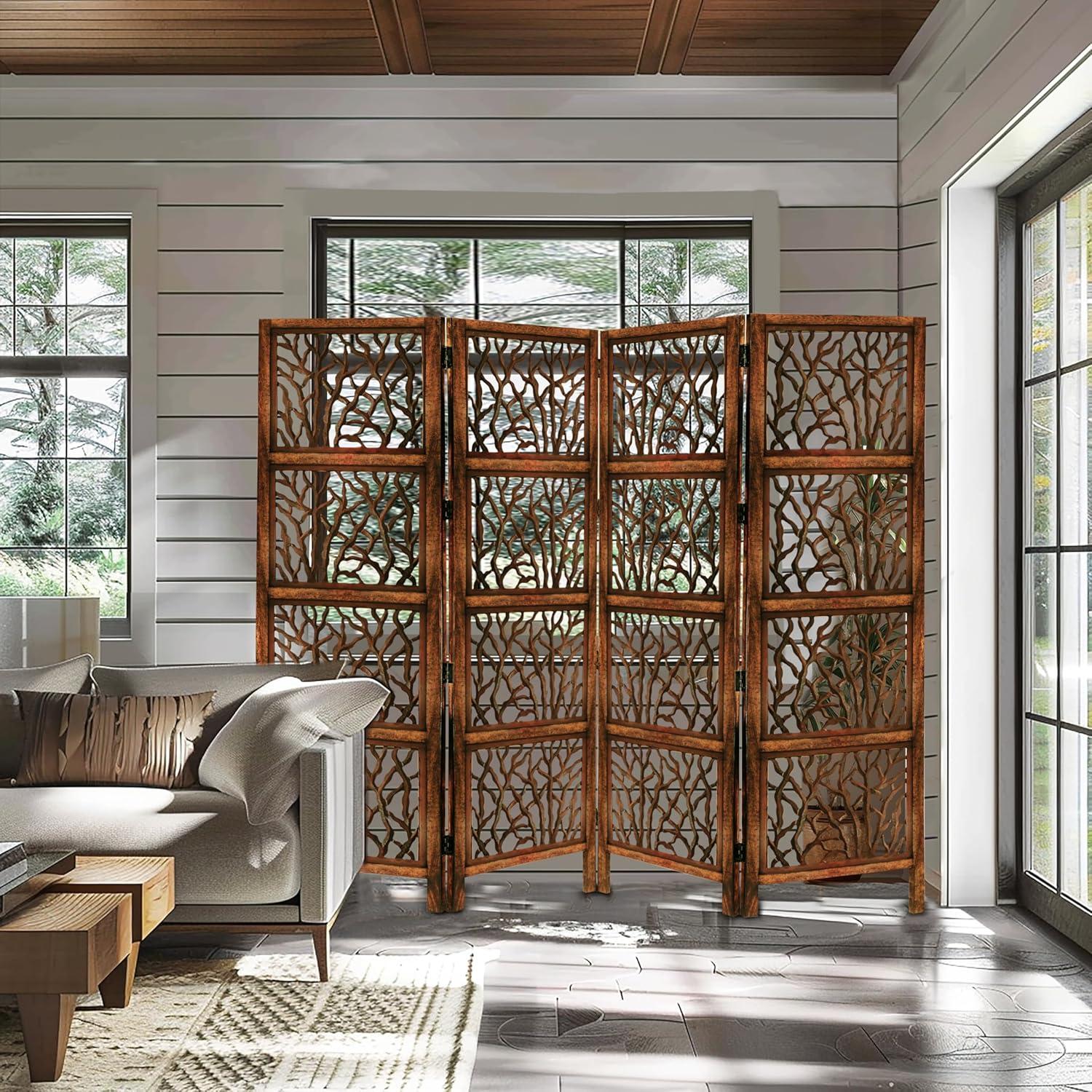 image:imageRoom Divider Wood Screen Chitra Antique Pewter 4 Panel Folding 72 x 80 Hand Carved Decorative Functional Versatile Portable Partition Reversible Freestanding Small Spaces COTTON CRAFTCoral Antique Brown
