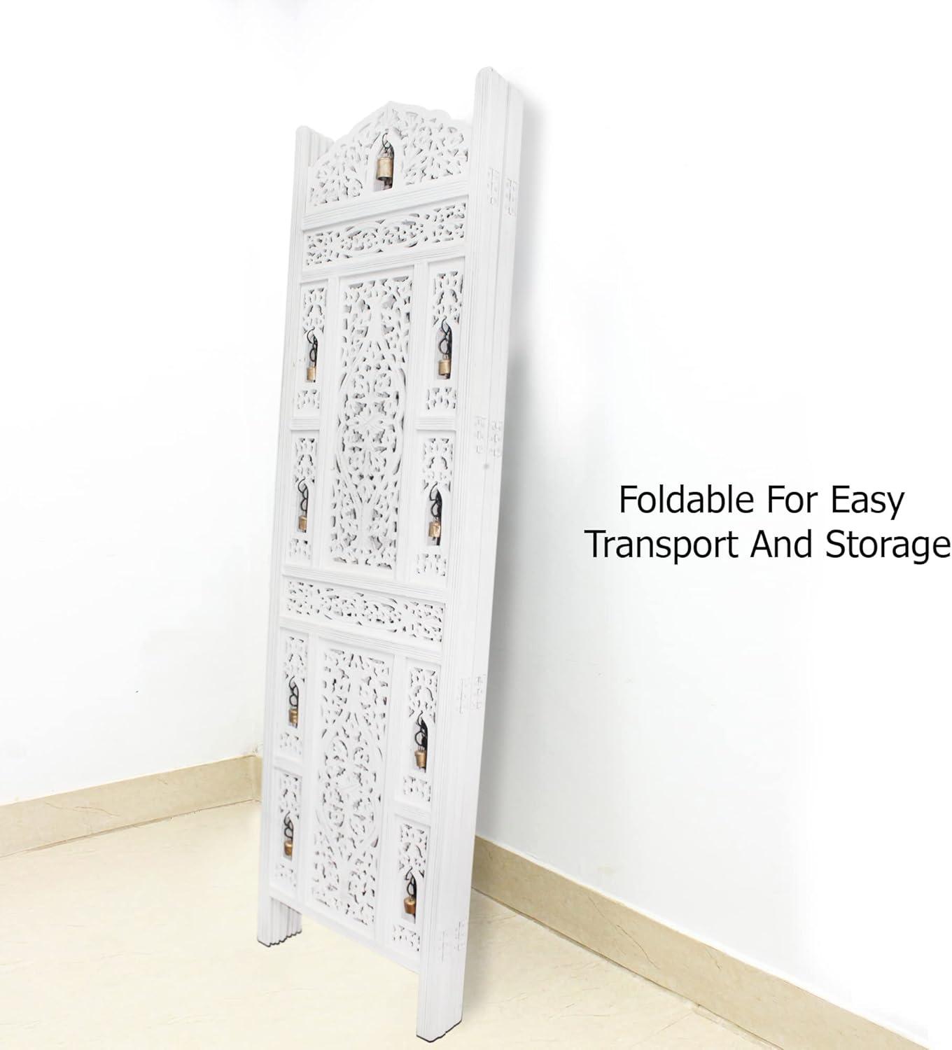 image:imageRoom Divider Wood Screen Chitra Antique Pewter 4 Panel Folding 72 x 80 Hand Carved Decorative Functional Versatile Portable Partition Reversible Freestanding Small Spaces COTTON CRAFTGhanti Bells Antique White