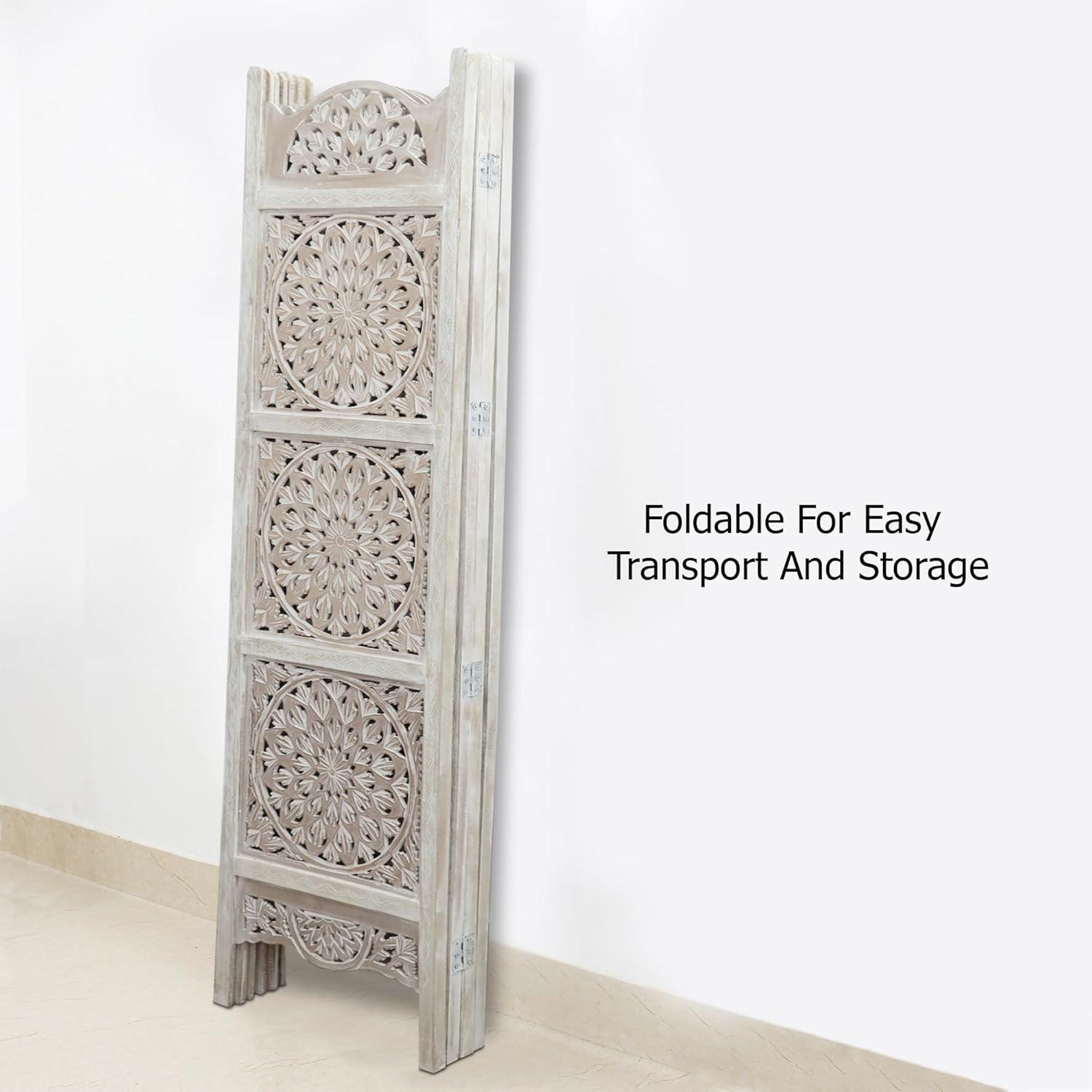 image:imageRoom Divider Wood Screen Chitra Antique Pewter 4 Panel Folding 72 x 80 Hand Carved Decorative Functional Versatile Portable Partition Reversible Freestanding Small Spaces COTTON CRAFTMedallion White Wash