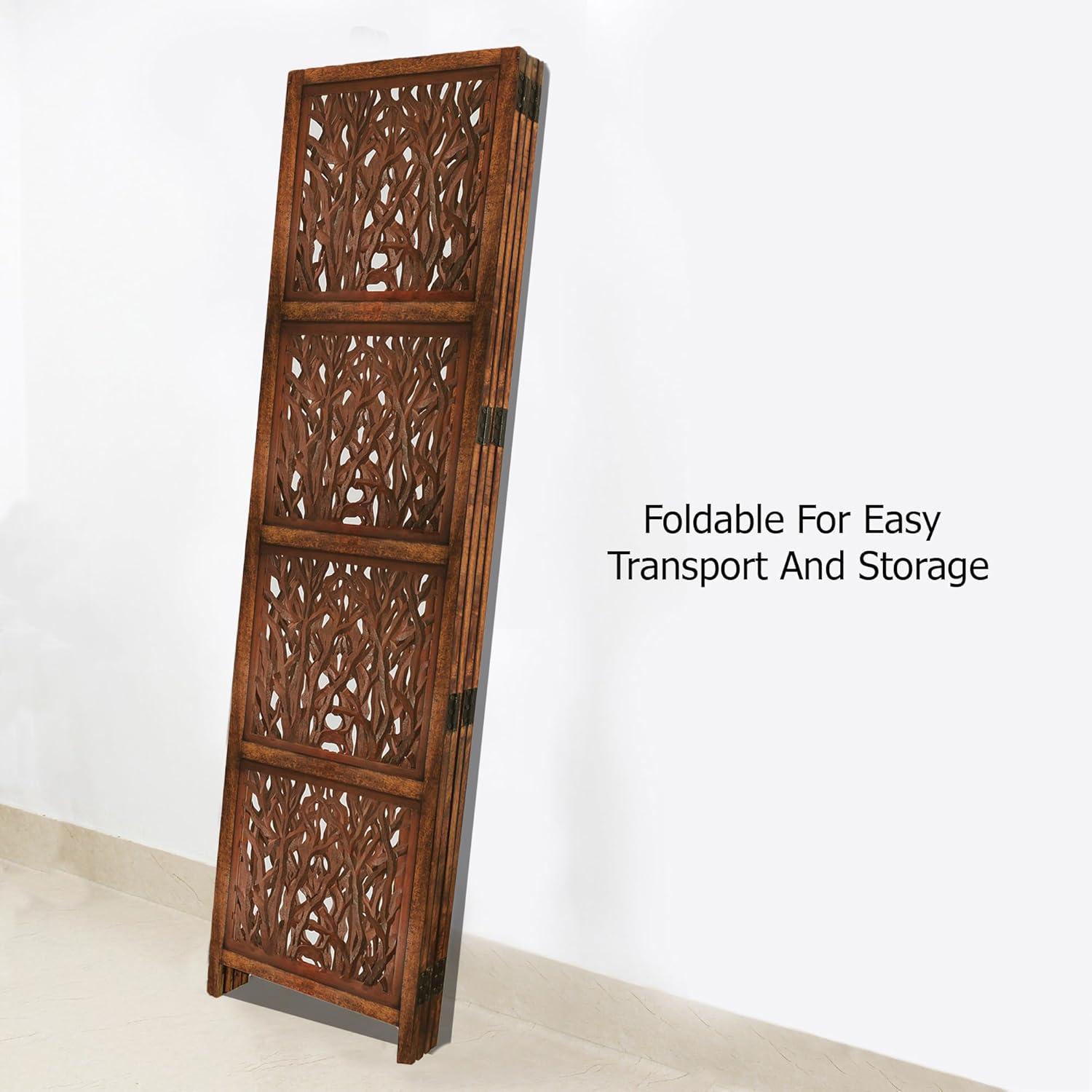 image:imageRoom Divider Wood Screen Chitra Antique Pewter 4 Panel Folding 72 x 80 Hand Carved Decorative Functional Versatile Portable Partition Reversible Freestanding Small Spaces COTTON CRAFTCoral Antique Brown