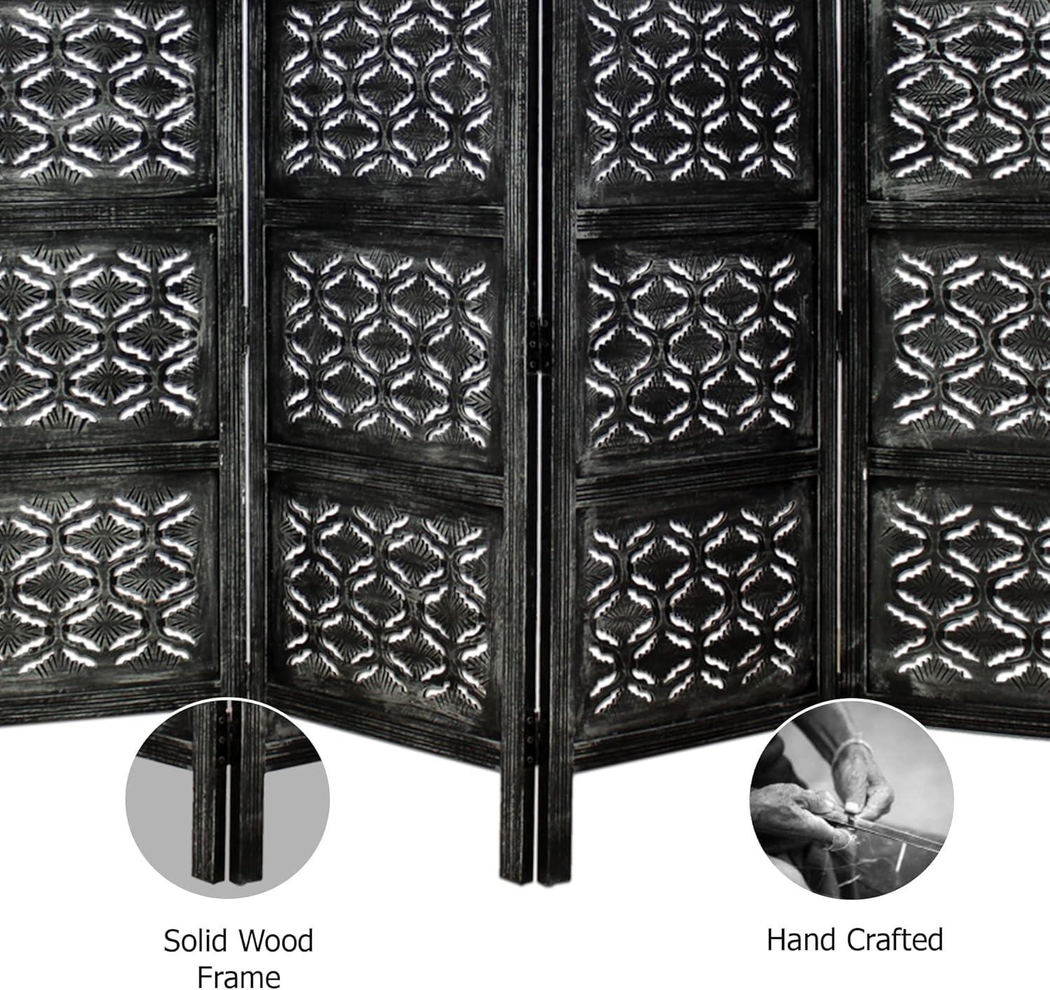 image:imageRoom Divider Wood Screen Chitra Antique Pewter 4 Panel Folding 72 x 80 Hand Carved Decorative Functional Versatile Portable Partition Reversible Freestanding Small Spaces COTTON CRAFTChitra Antique Pewter