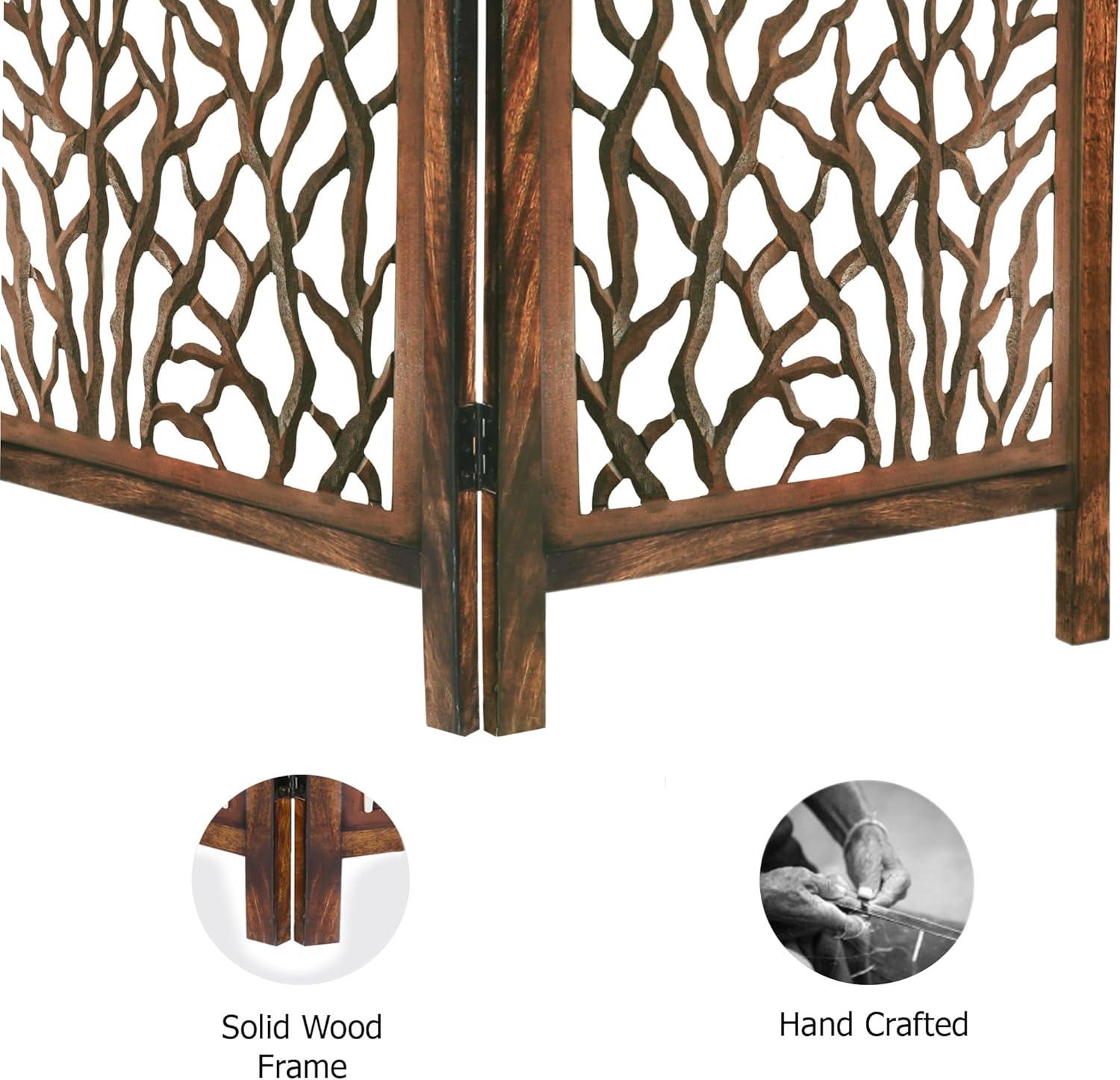 image:imageRoom Divider Wood Screen Chitra Antique Pewter 4 Panel Folding 72 x 80 Hand Carved Decorative Functional Versatile Portable Partition Reversible Freestanding Small Spaces COTTON CRAFTCoral Antique Brown
