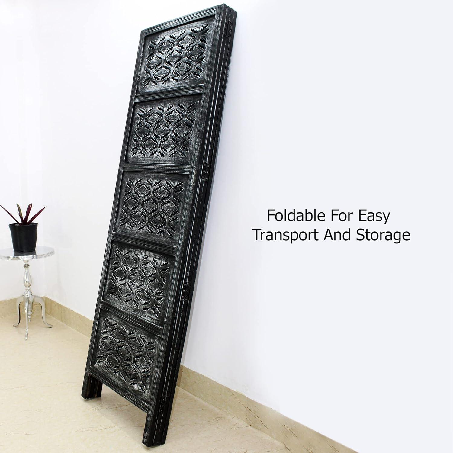 image:imageRoom Divider Wood Screen Chitra Antique Pewter 4 Panel Folding 72 x 80 Hand Carved Decorative Functional Versatile Portable Partition Reversible Freestanding Small Spaces COTTON CRAFTChitra Antique Pewter