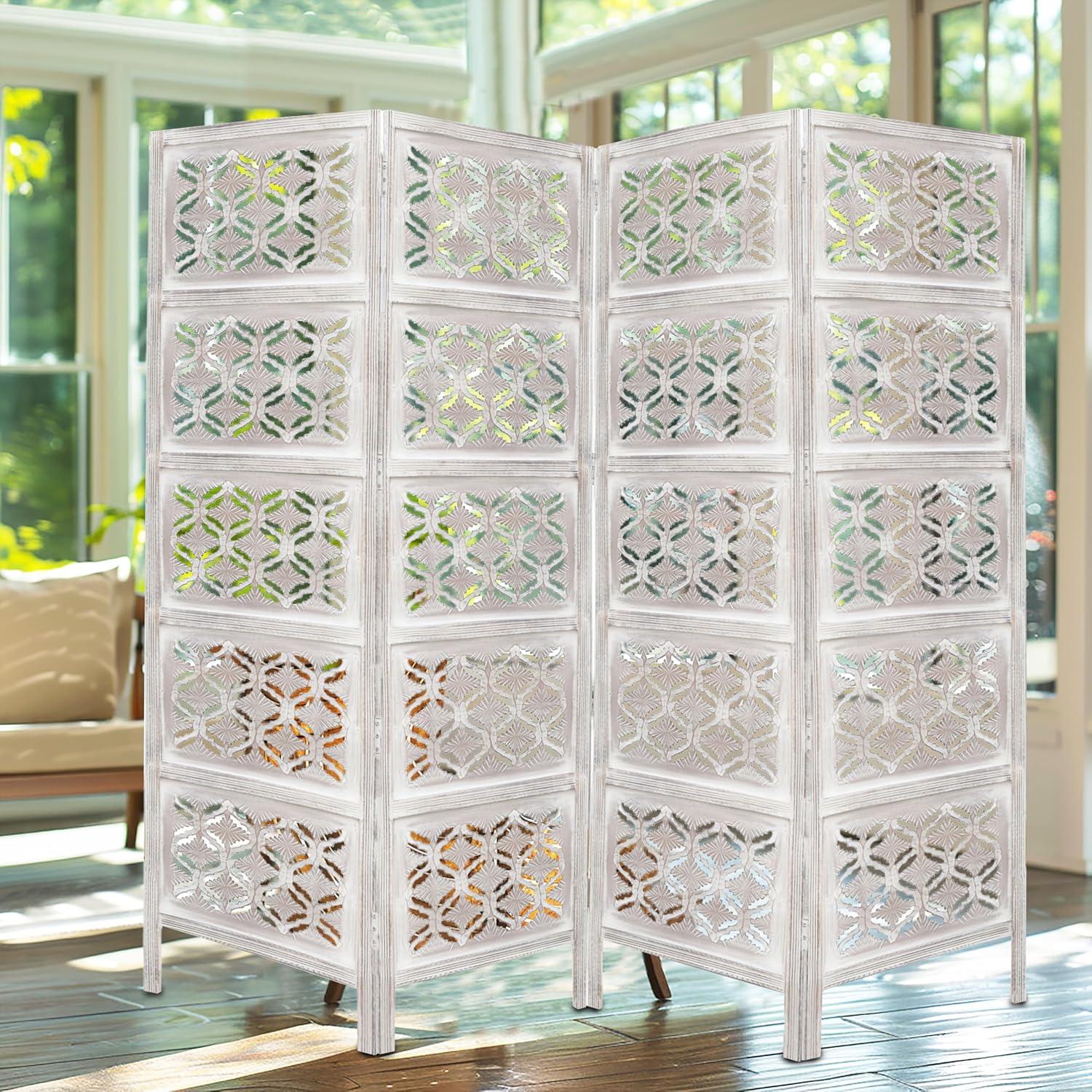 image:imageRoom Divider Wood Screen Chitra Antique Pewter 4 Panel Folding 72 x 80 Hand Carved Decorative Functional Versatile Portable Partition Reversible Freestanding Small Spaces COTTON CRAFTChitra White Wash