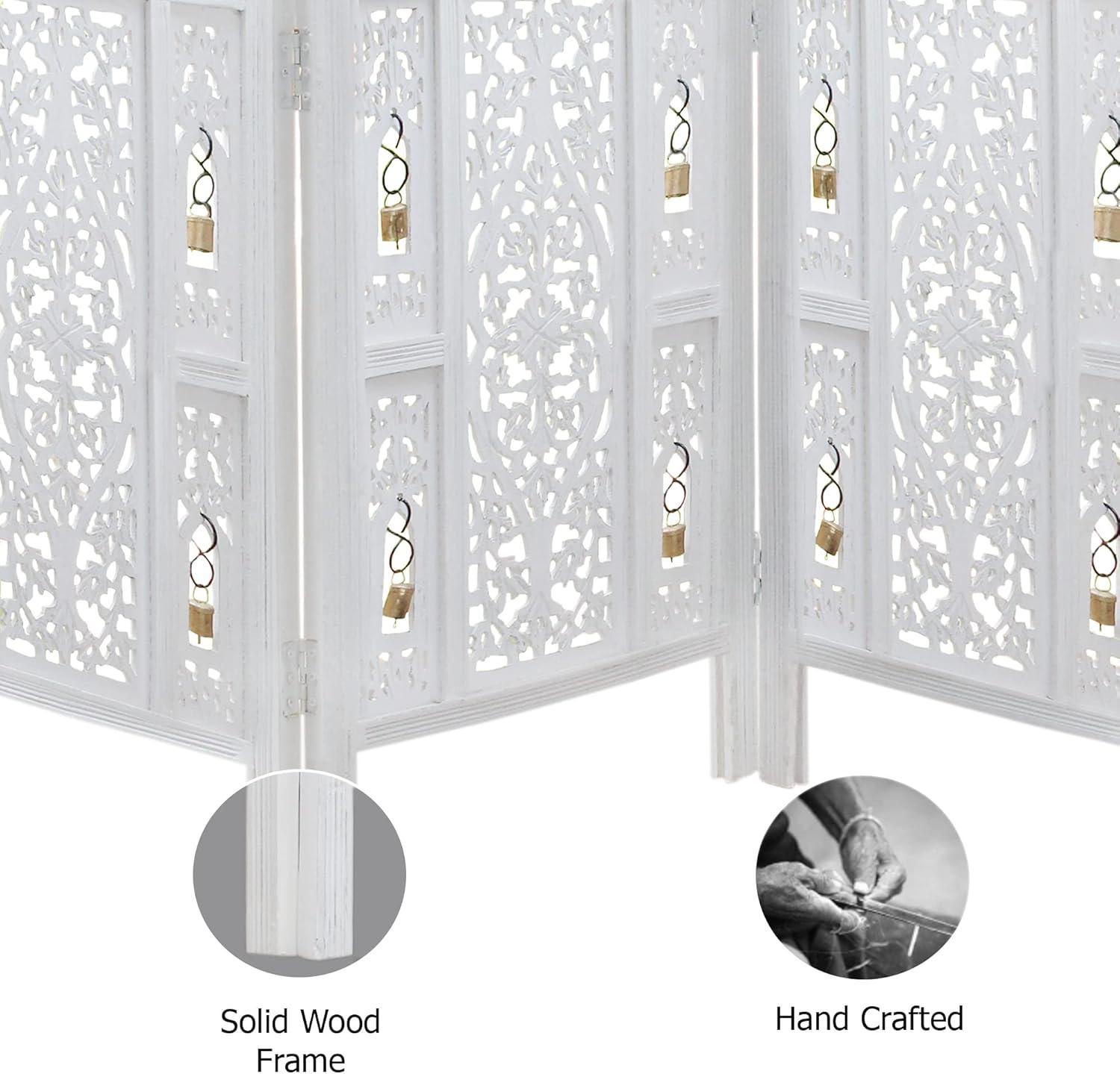 image:imageRoom Divider Wood Screen Chitra Antique Pewter 4 Panel Folding 72 x 80 Hand Carved Decorative Functional Versatile Portable Partition Reversible Freestanding Small Spaces COTTON CRAFTGhanti Bells Antique White