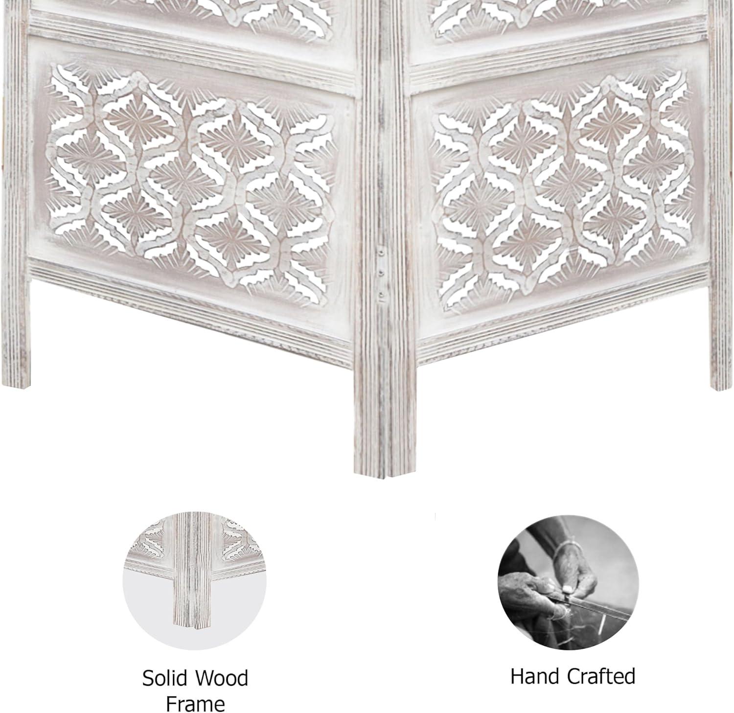 image:imageRoom Divider Wood Screen Chitra Antique Pewter 4 Panel Folding 72 x 80 Hand Carved Decorative Functional Versatile Portable Partition Reversible Freestanding Small Spaces COTTON CRAFTChitra White Wash