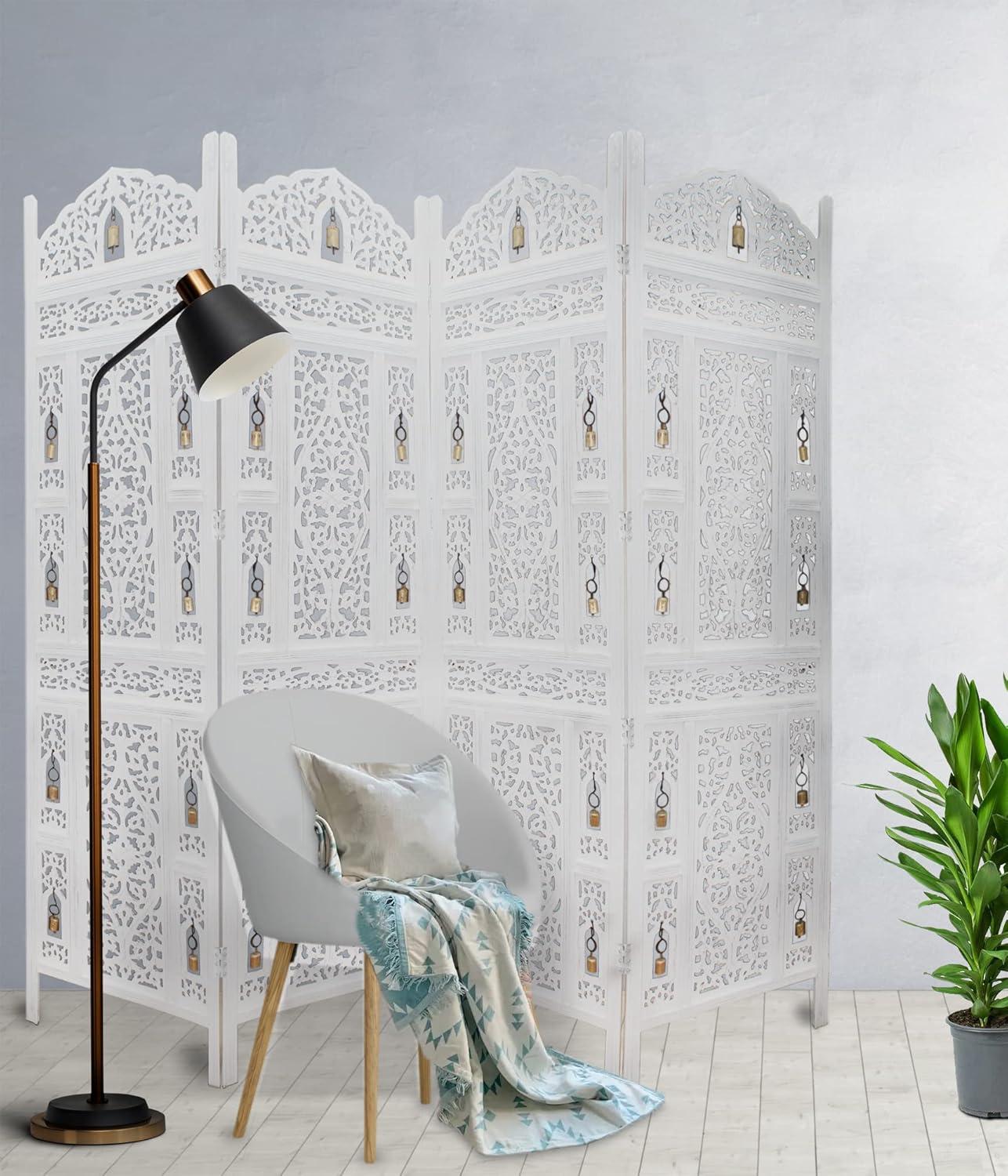 image:imageRoom Divider Wood Screen Chitra Antique Pewter 4 Panel Folding 72 x 80 Hand Carved Decorative Functional Versatile Portable Partition Reversible Freestanding Small Spaces COTTON CRAFTGhanti Bells Antique White