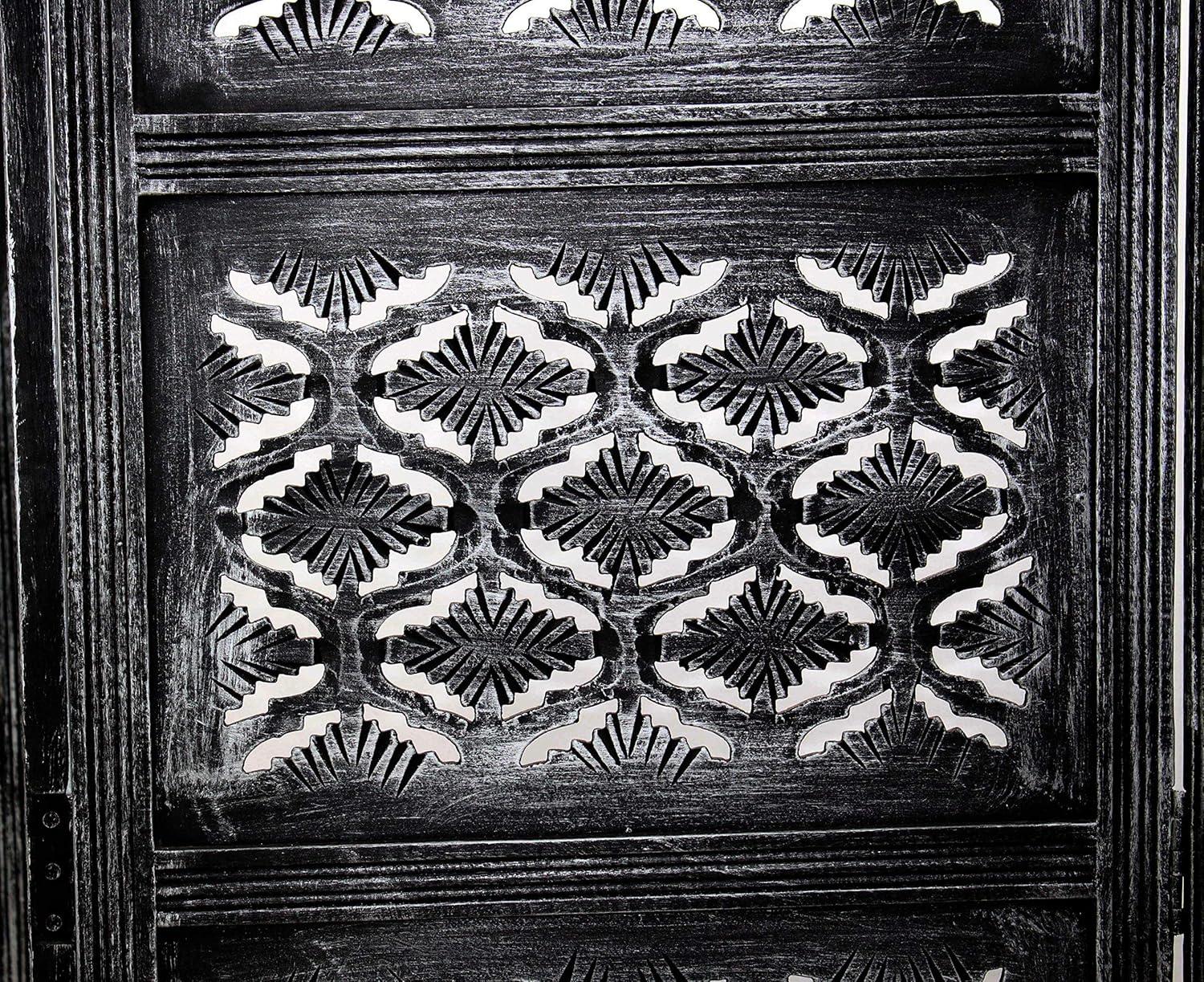 image:imageRoom Divider Wood Screen Chitra Antique Pewter 4 Panel Folding 72 x 80 Hand Carved Decorative Functional Versatile Portable Partition Reversible Freestanding Small Spaces COTTON CRAFTChitra Antique Pewter