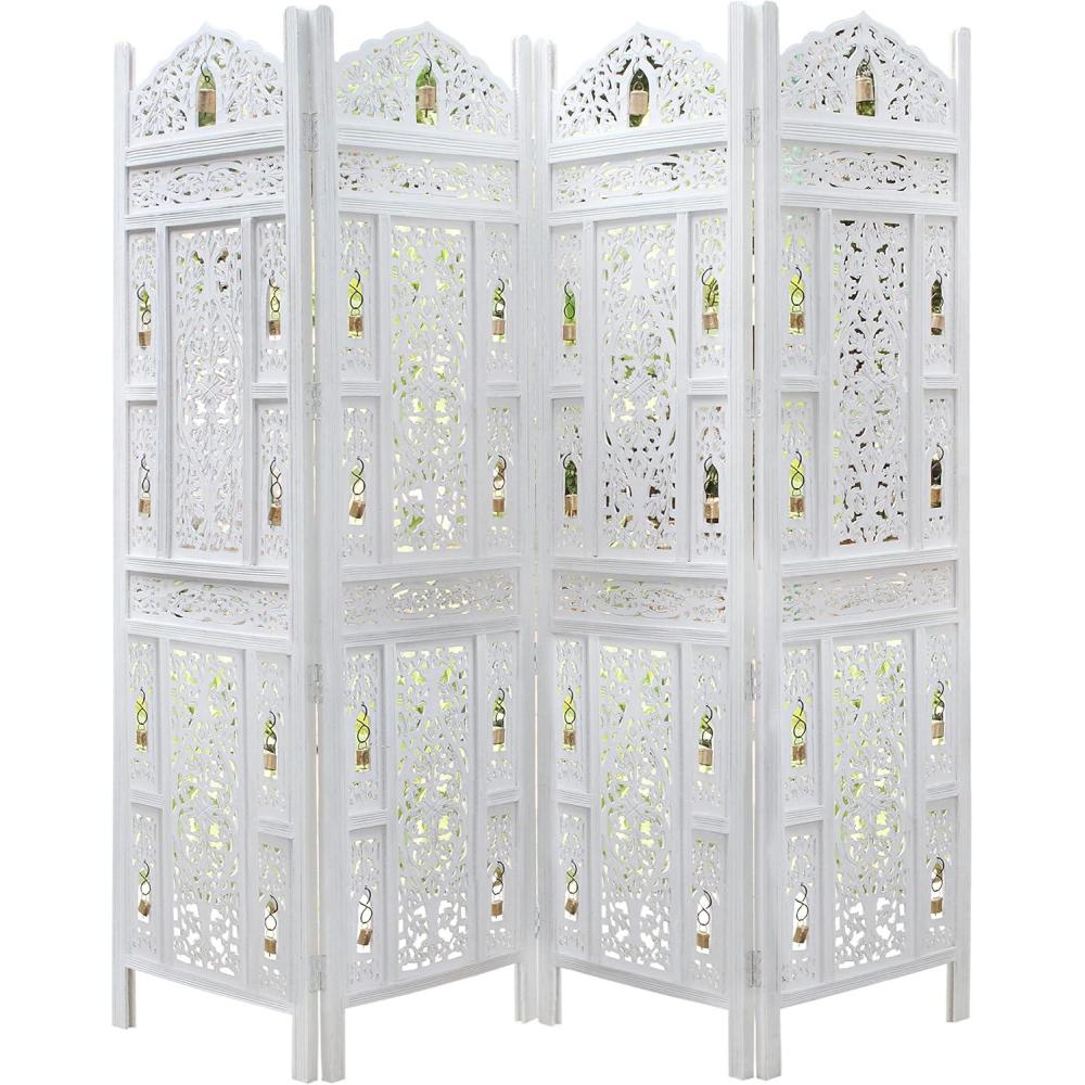 image:imageRoom Divider Wood Screen  Chitra Antique Pewter  4 Panel Folding 72 x 80  Hand Carved Decorative Functional Versatile Portable Partition Reversible Freestanding Small Spaces  COTTON CRAFTGhanti Bells  Antique White
