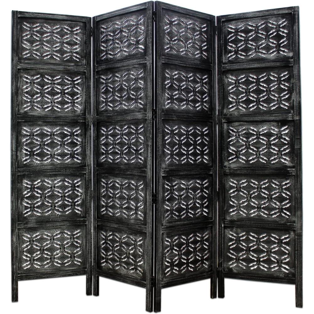 image:imageRoom Divider Wood Screen Chitra Antique Pewter 4 Panel Folding 72 x 80 Hand Carved Decorative Functional Versatile Portable Partition Reversible Freestanding Small Spaces COTTON CRAFTChitra Antique Pewter