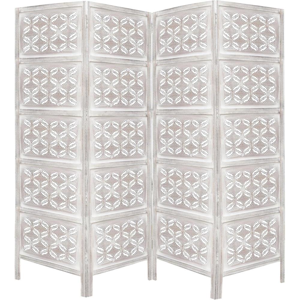 image:imageRoom Divider Wood Screen Chitra Antique Pewter 4 Panel Folding 72 x 80 Hand Carved Decorative Functional Versatile Portable Partition Reversible Freestanding Small Spaces COTTON CRAFTChitra White Wash