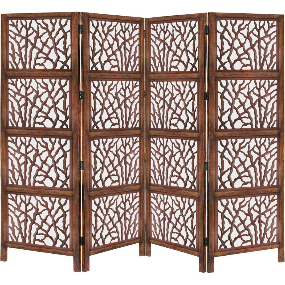 image:imageRoom Divider Wood Screen Chitra Antique Pewter 4 Panel Folding 72 x 80 Hand Carved Decorative Functional Versatile Portable Partition Reversible Freestanding Small Spaces COTTON CRAFTCoral Antique Brown