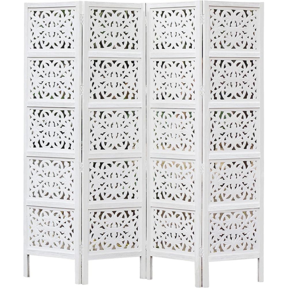 image:imageRoom Divider Wood Screen  Chitra Antique Pewter  4 Panel Folding 72 x 80  Hand Carved Decorative Functional Versatile Portable Partition Reversible Freestanding Small Spaces  COTTON CRAFTRania  Antique White